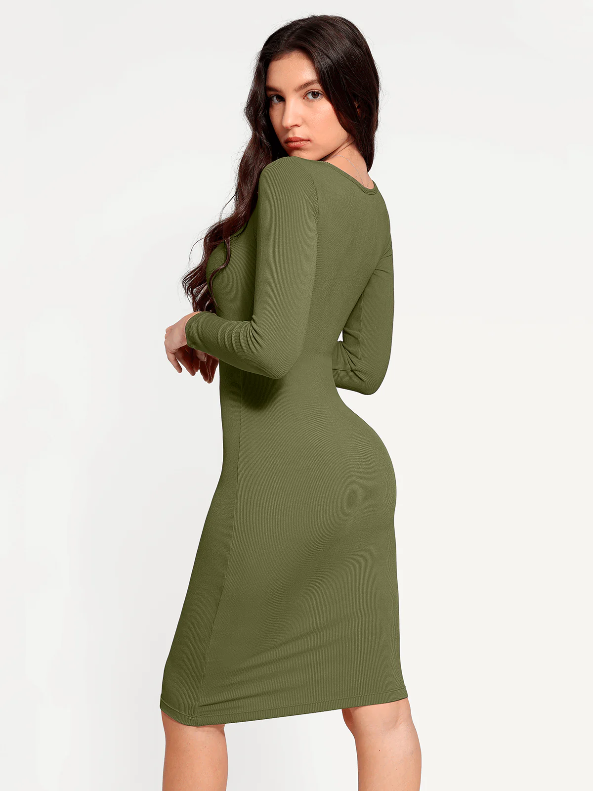 Shapewear Long Sleeve Square Neck Modal Slimming Midi Dress - Image 37
