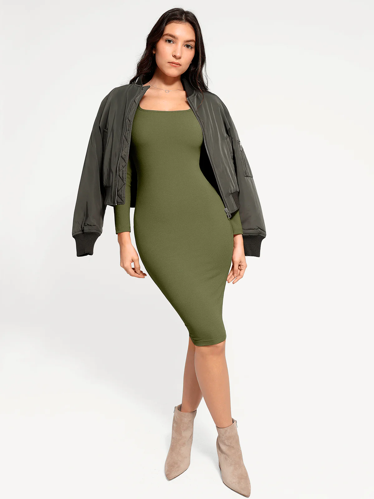 Shapewear Long Sleeve Square Neck Modal Slimming Midi Dress - Image 38