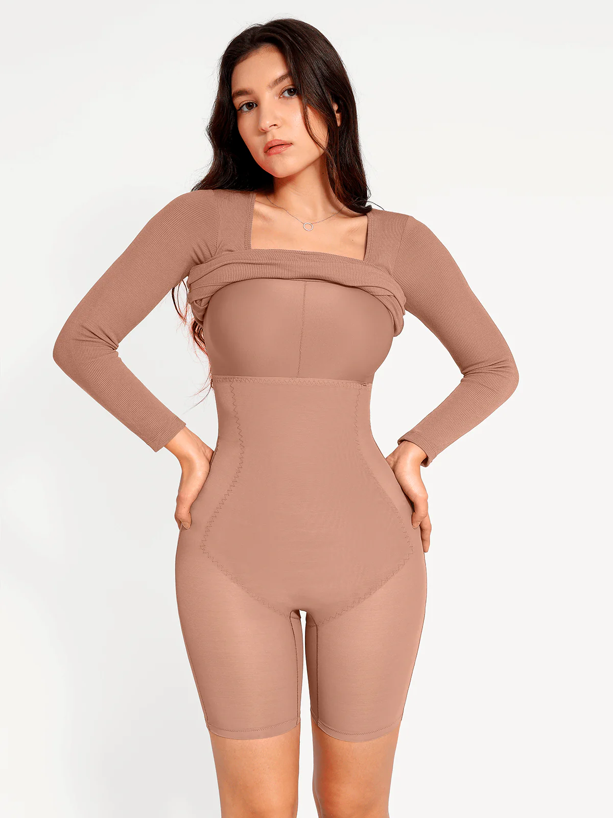 Shapewear Long Sleeve Square Neck Modal Slimming Midi Dress - Image 4