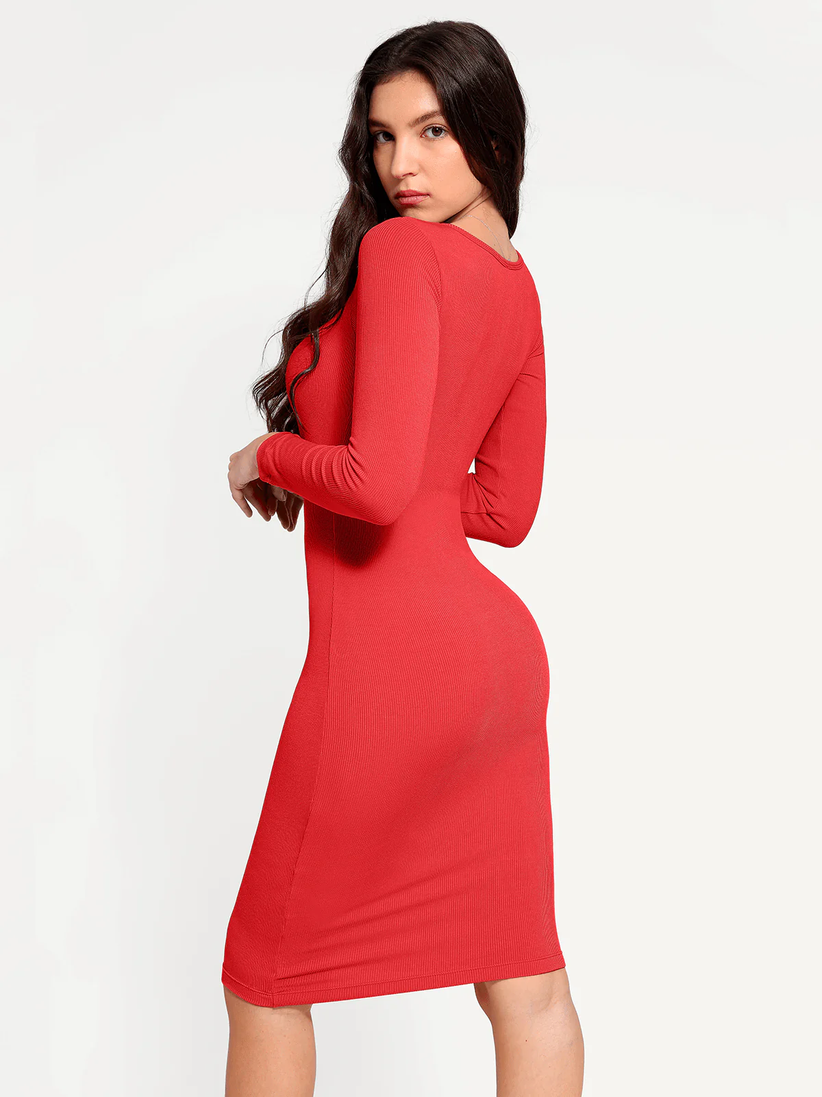 Shapewear Long Sleeve Square Neck Modal Slimming Midi Dress - Image 42