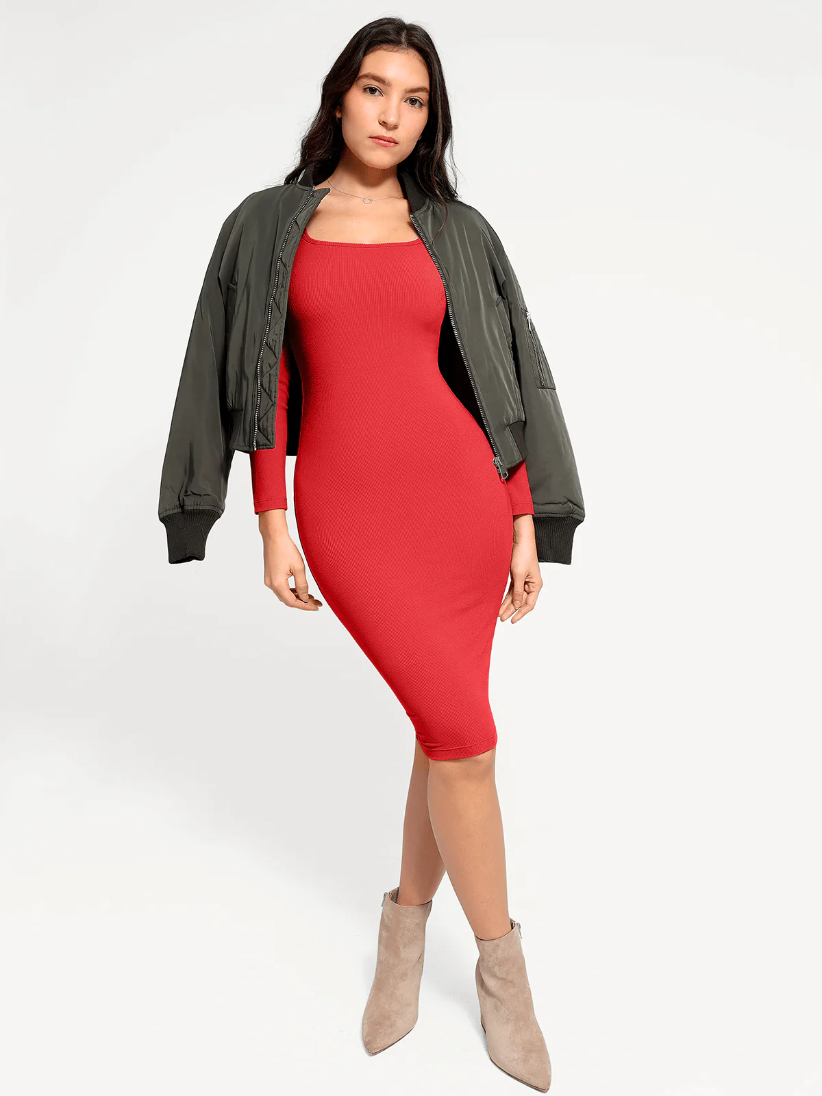 Shapewear Long Sleeve Square Neck Modal Slimming Midi Dress - Image 44