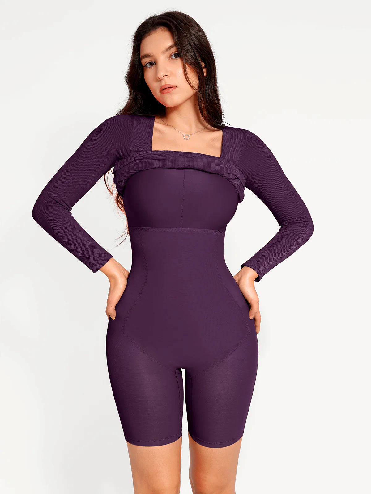 Shapewear Long Sleeve Square Neck Modal Slimming Midi Dress - Image 46