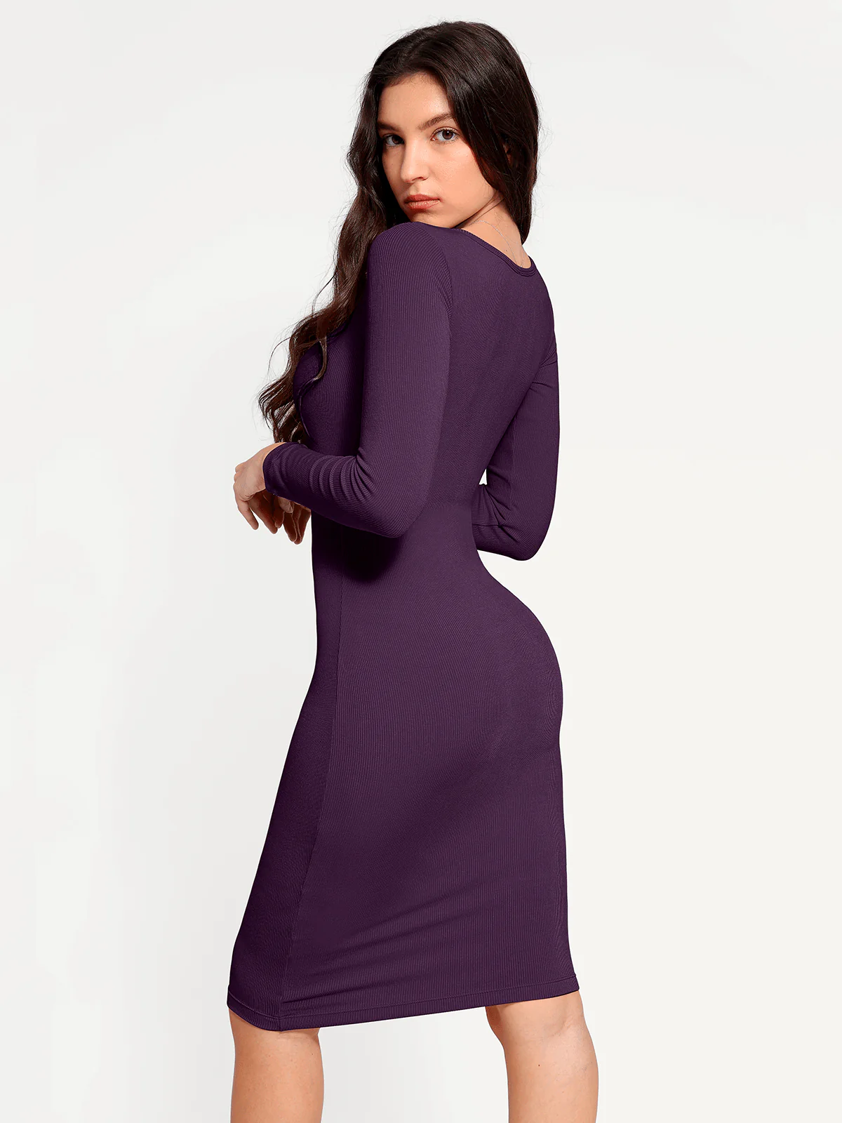 Shapewear Long Sleeve Square Neck Modal Slimming Midi Dress - Image 47