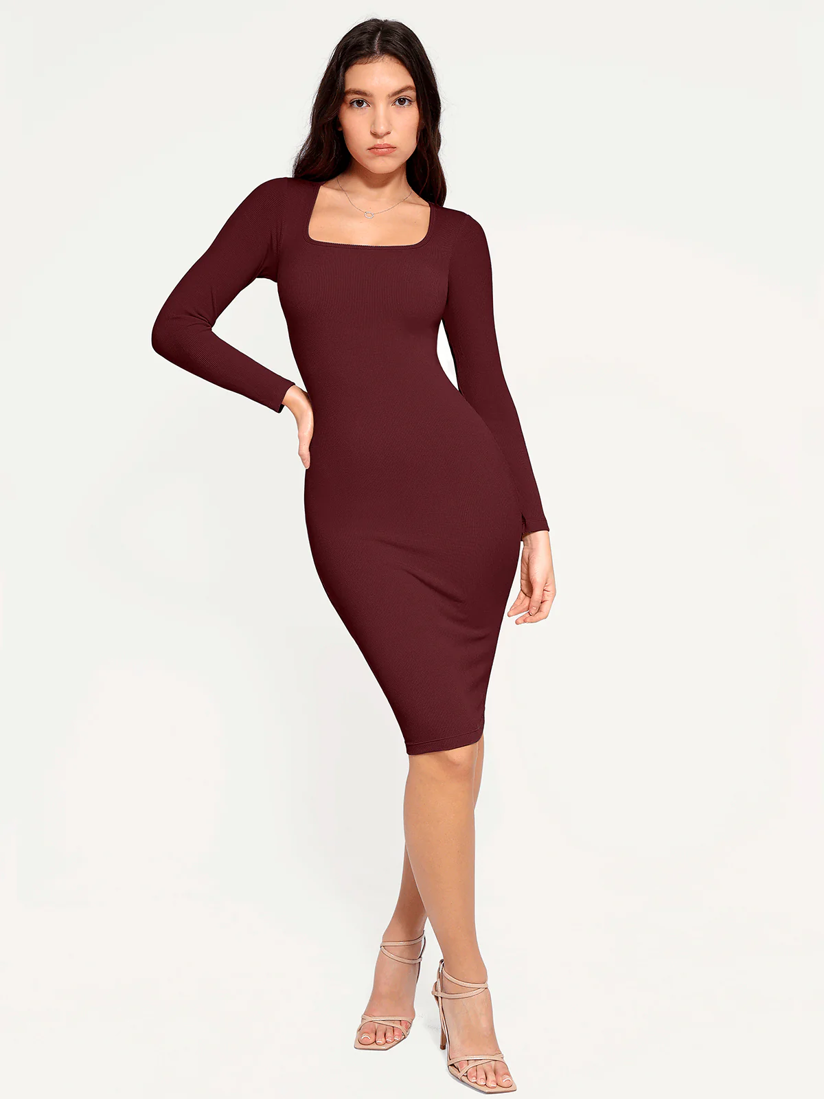 Shapewear Long Sleeve Square Neck Modal Slimming Midi Dress - Image 49