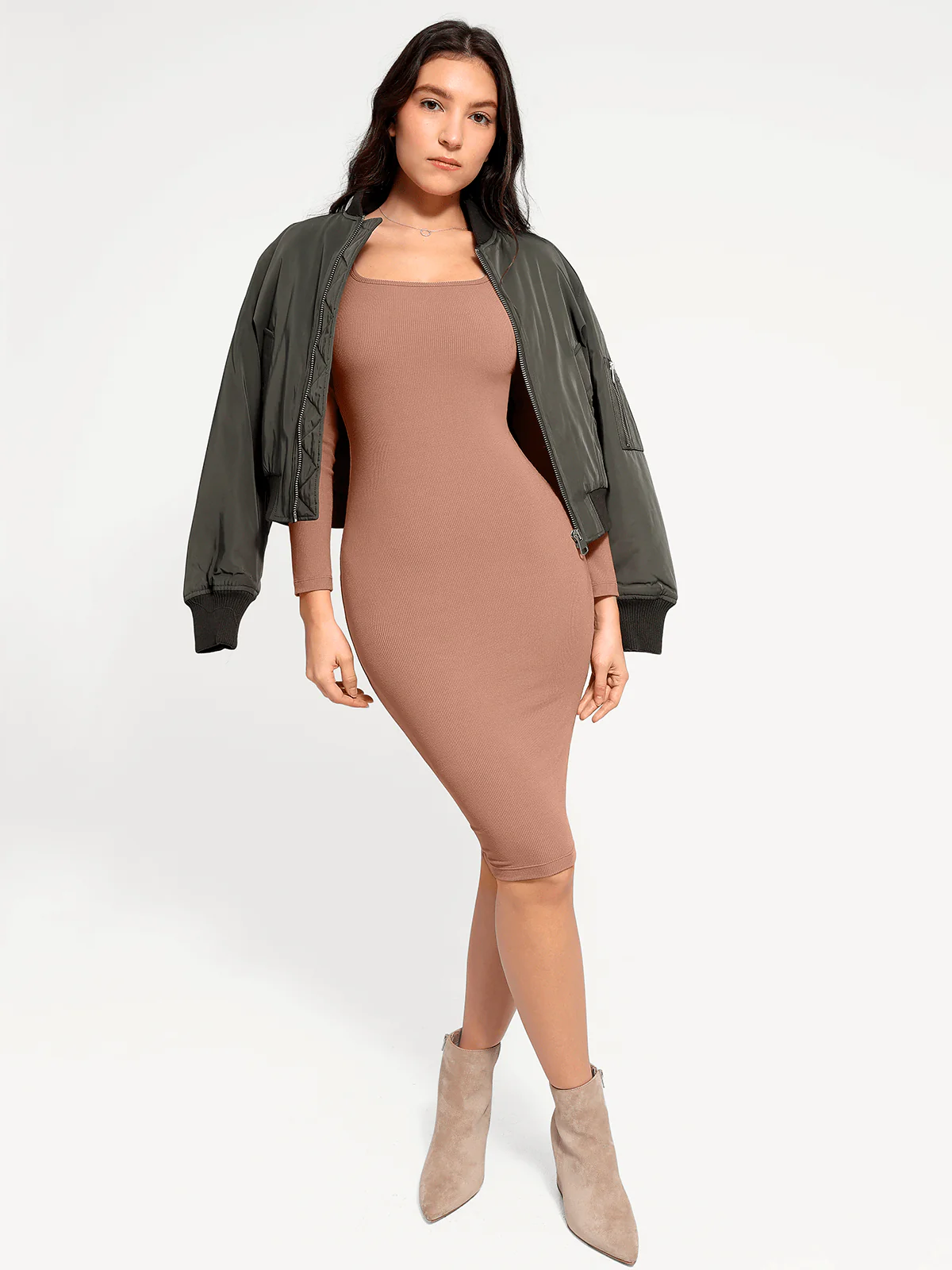 Shapewear Long Sleeve Square Neck Modal Slimming Midi Dress - Image 6