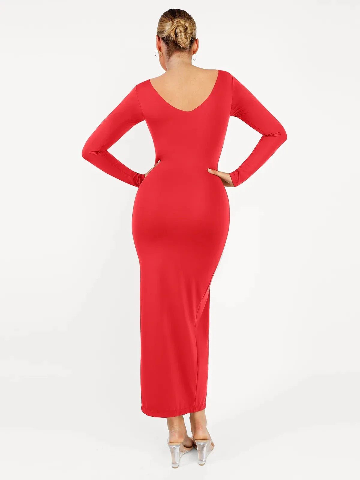 Shapewear Long Sleeve V-Neck Low Back Slimming Maxi Dress - Image 11