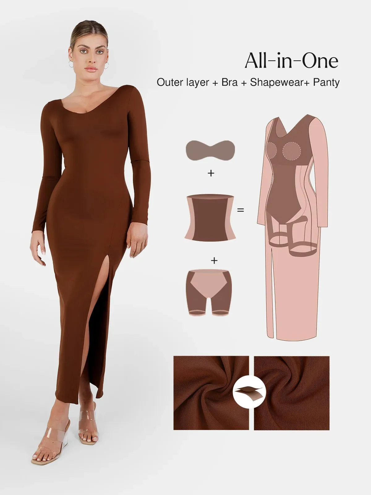 Shapewear Long Sleeve V-Neck Low Back Slimming Maxi Dress - Image 15