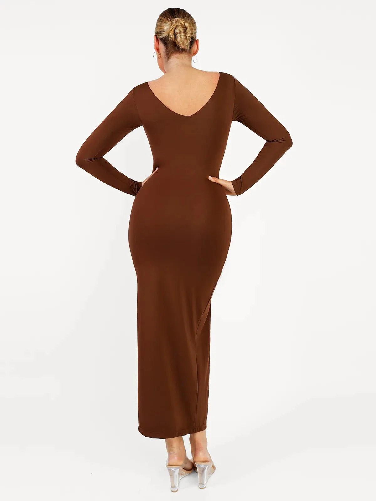 Shapewear Long Sleeve V-Neck Low Back Slimming Maxi Dress - Image 18