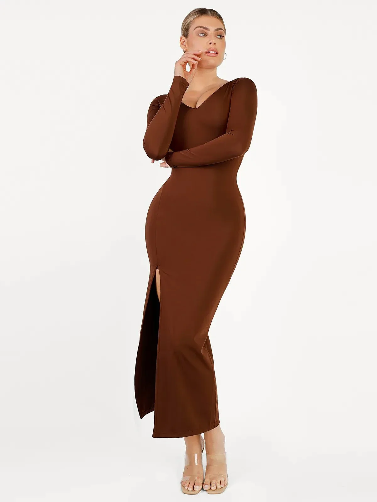 Shapewear Long Sleeve V-Neck Low Back Slimming Maxi Dress - Image 19