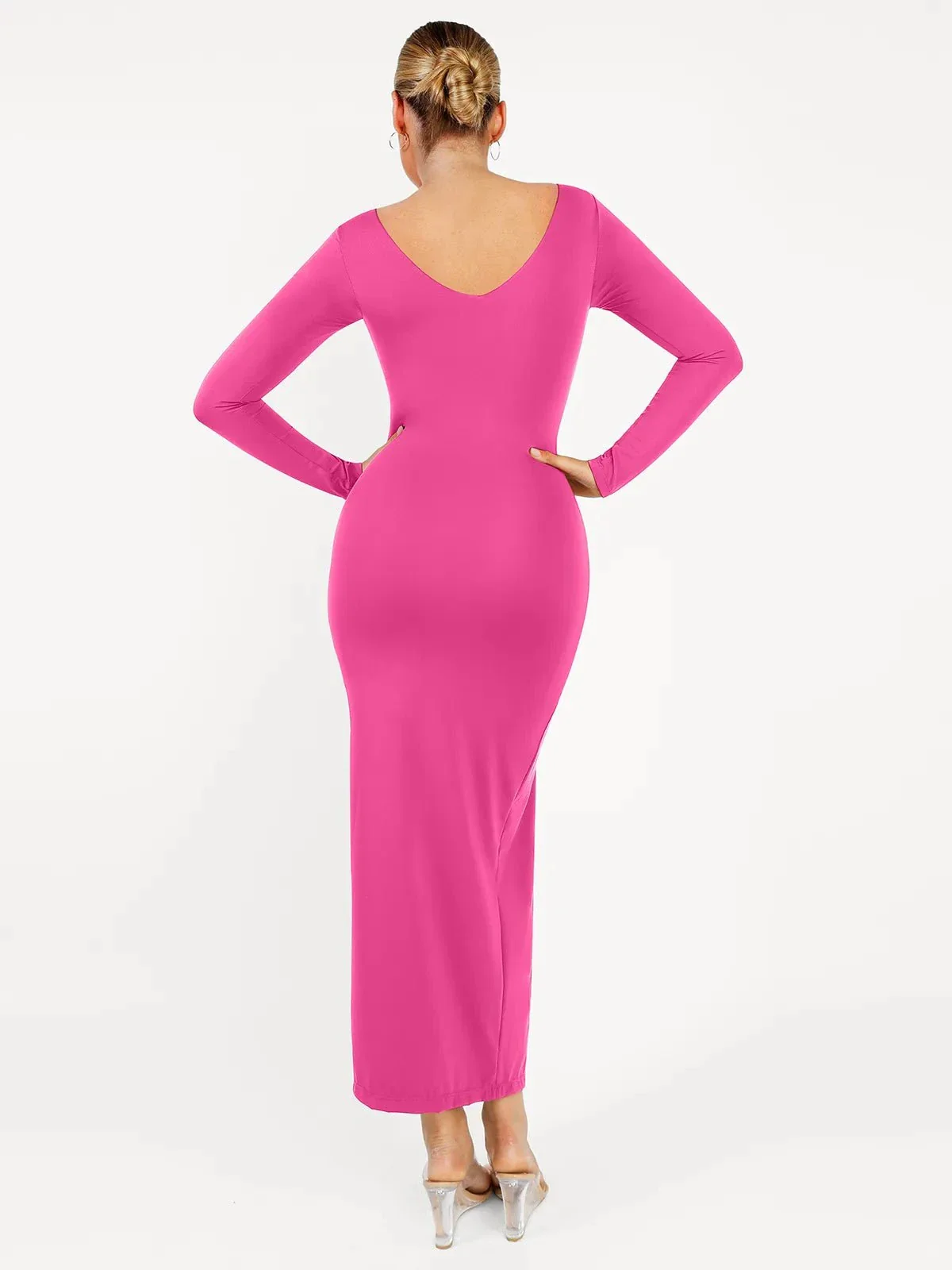 Shapewear Long Sleeve V-Neck Low Back Slimming Maxi Dress - Image 23