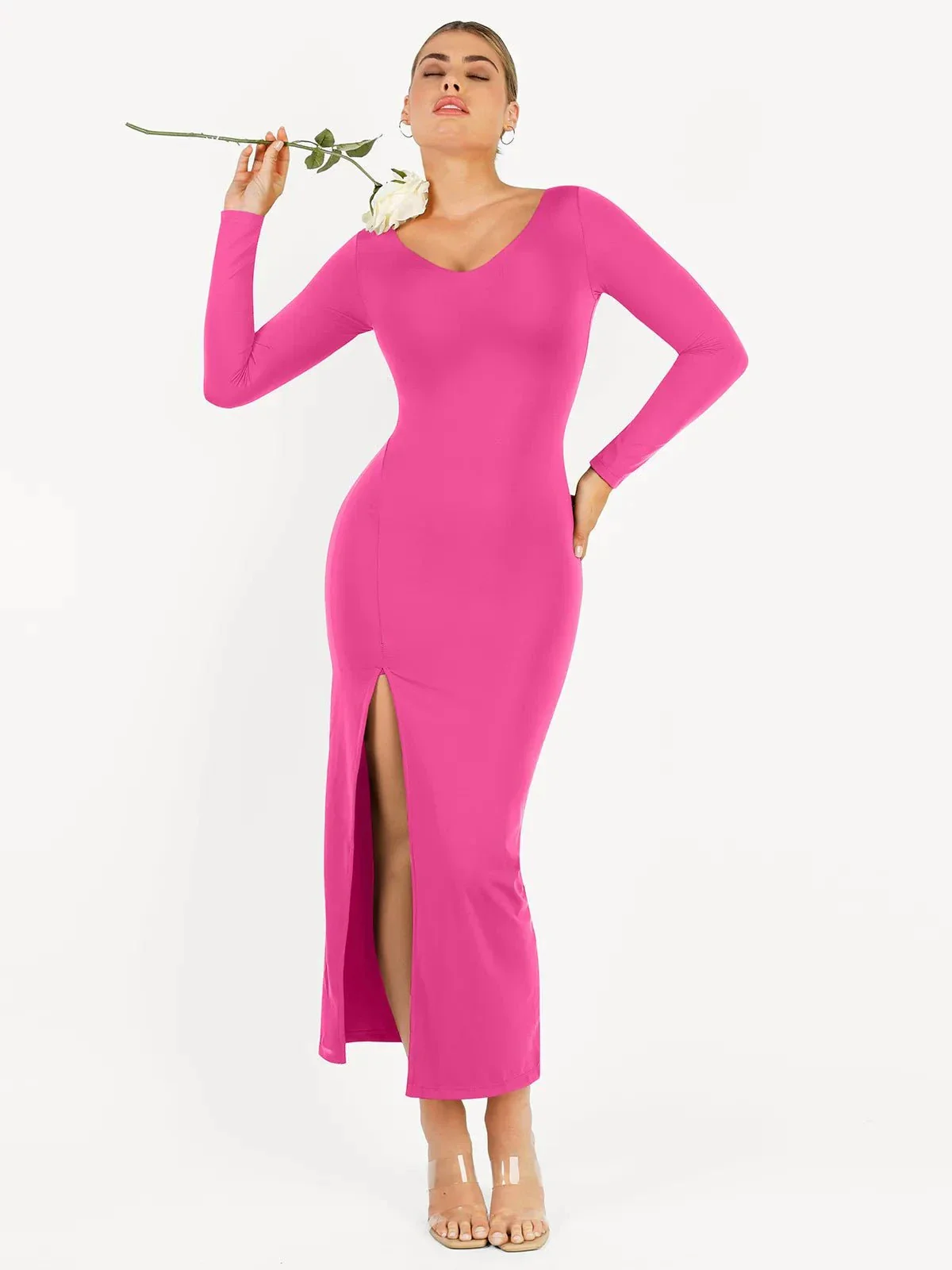 Shapewear Long Sleeve V-Neck Low Back Slimming Maxi Dress - Image 24