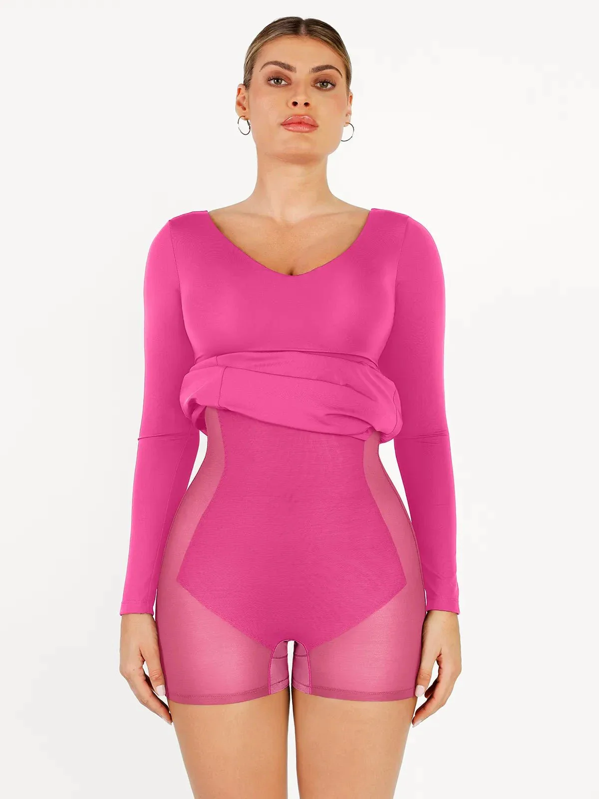 Shapewear Long Sleeve V-Neck Low Back Slimming Maxi Dress - Image 25