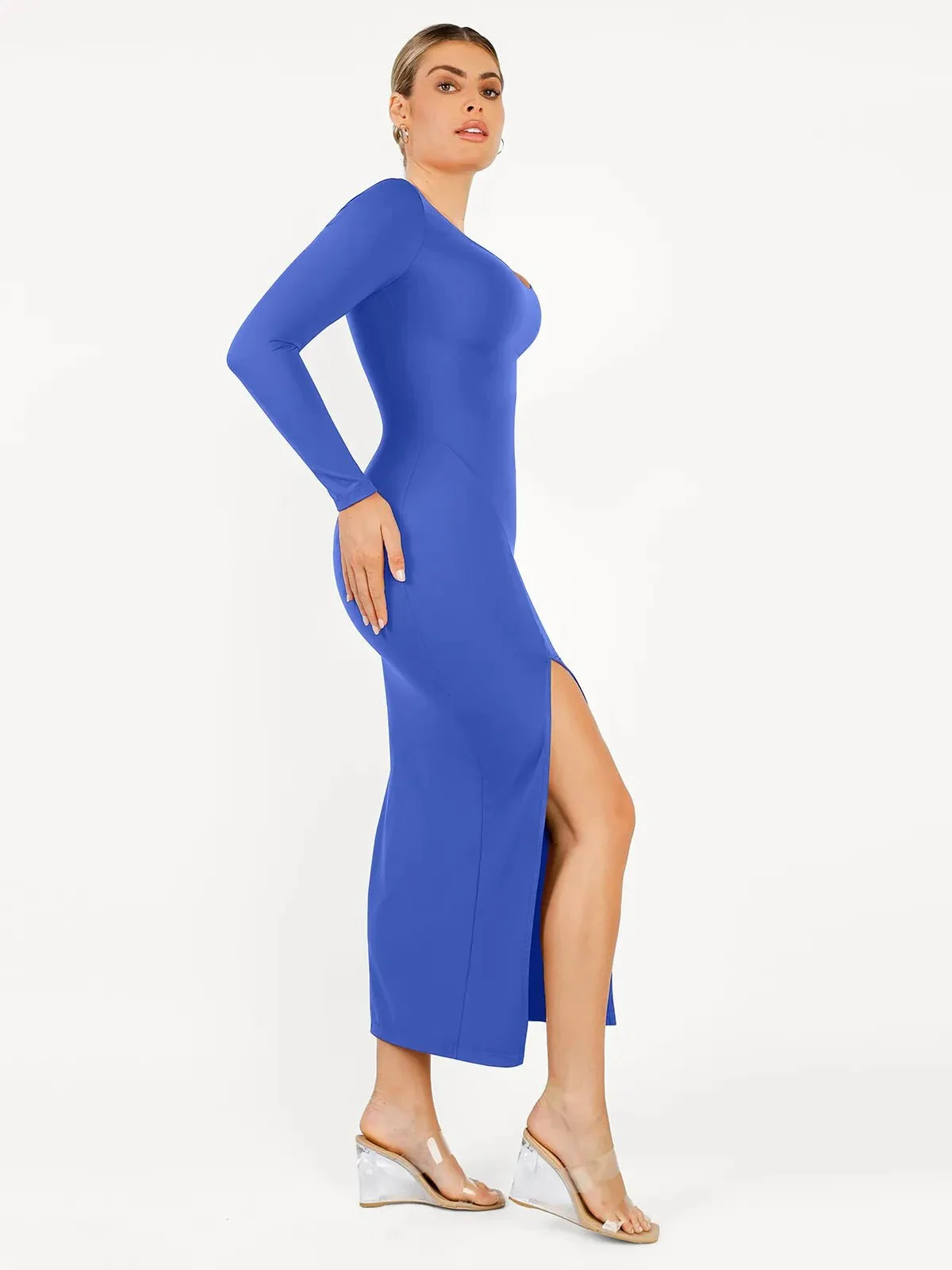 Shapewear Long Sleeve V-Neck Low Back Slimming Maxi Dress - Image 28