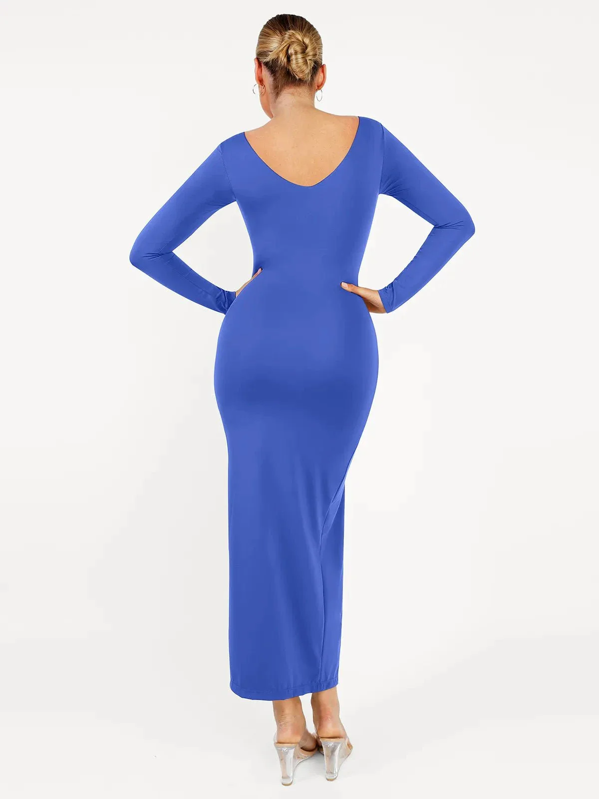 Shapewear Long Sleeve V-Neck Low Back Slimming Maxi Dress - Image 29