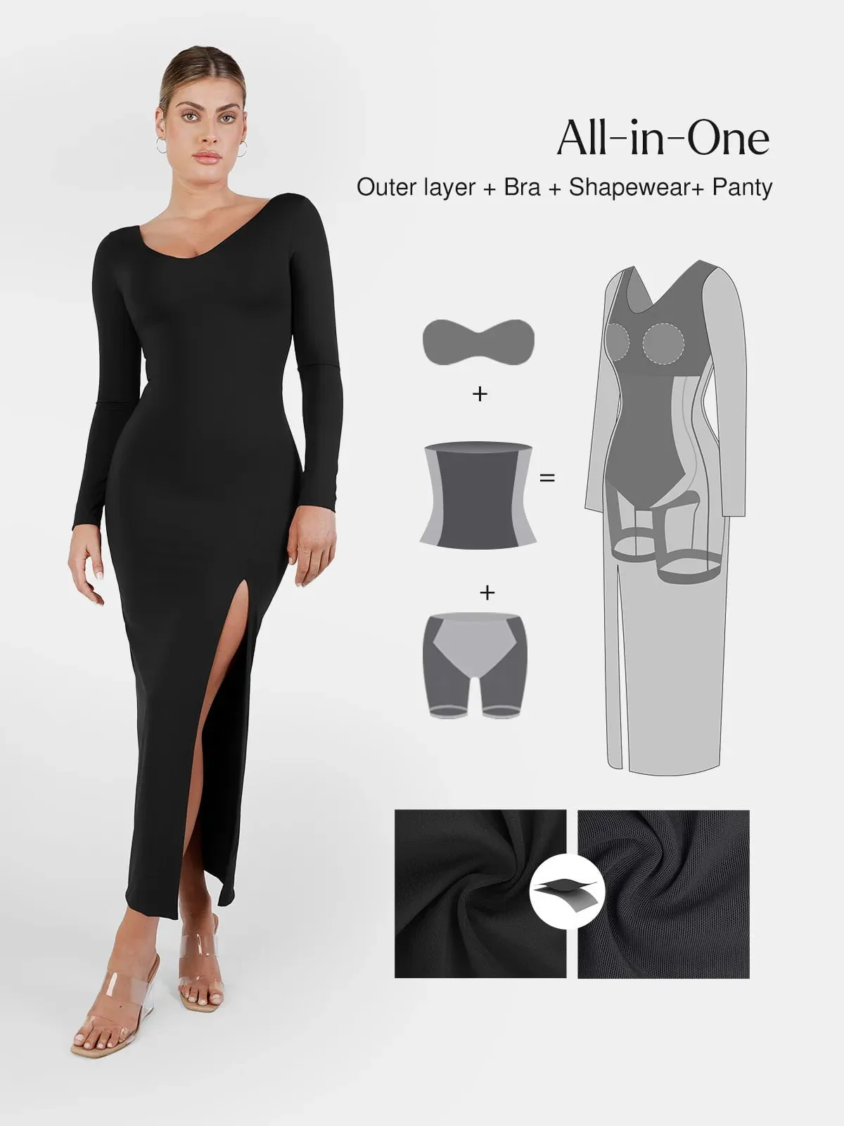 Shapewear Long Sleeve V-Neck Low Back Slimming Maxi Dress - Image 3
