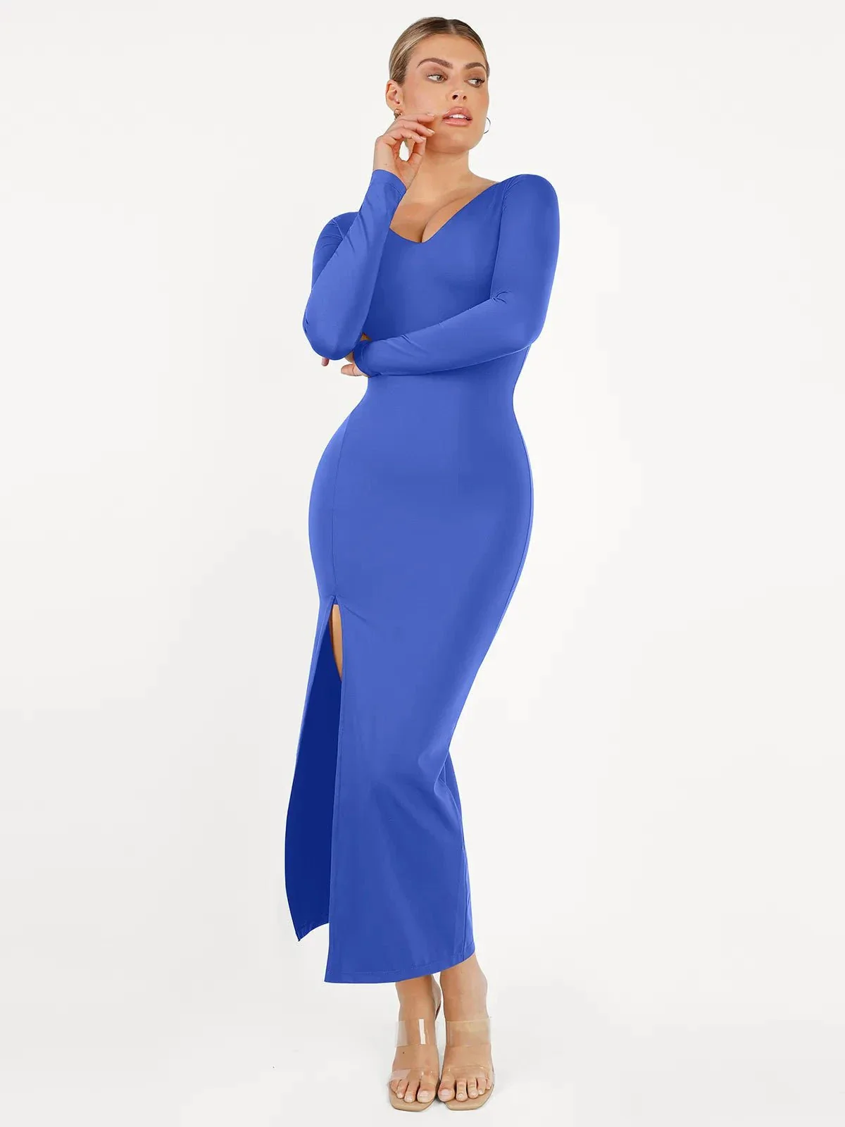 Shapewear Long Sleeve V-Neck Low Back Slimming Maxi Dress - Image 30
