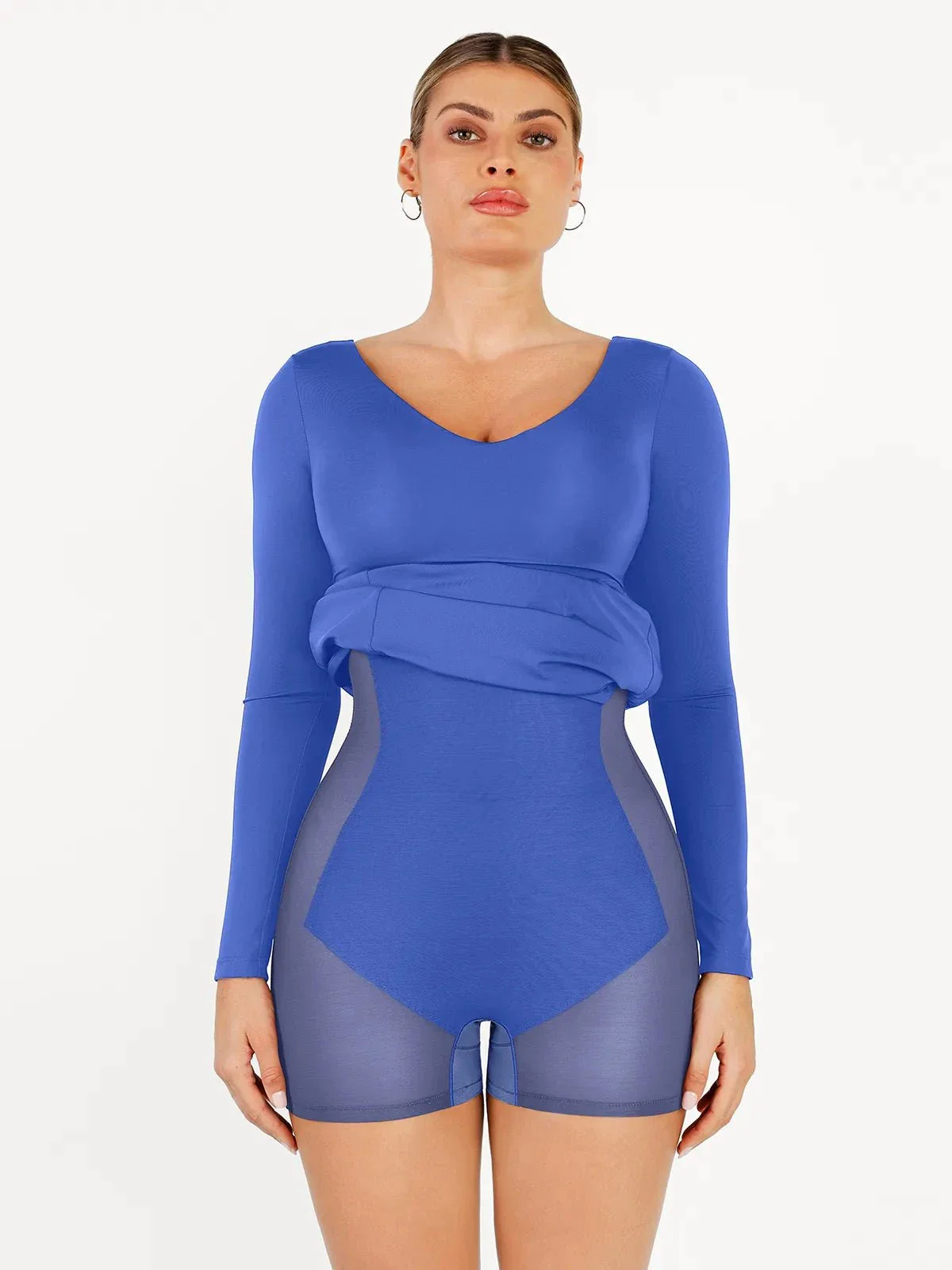 Shapewear Long Sleeve V-Neck Low Back Slimming Maxi Dress - Image 31