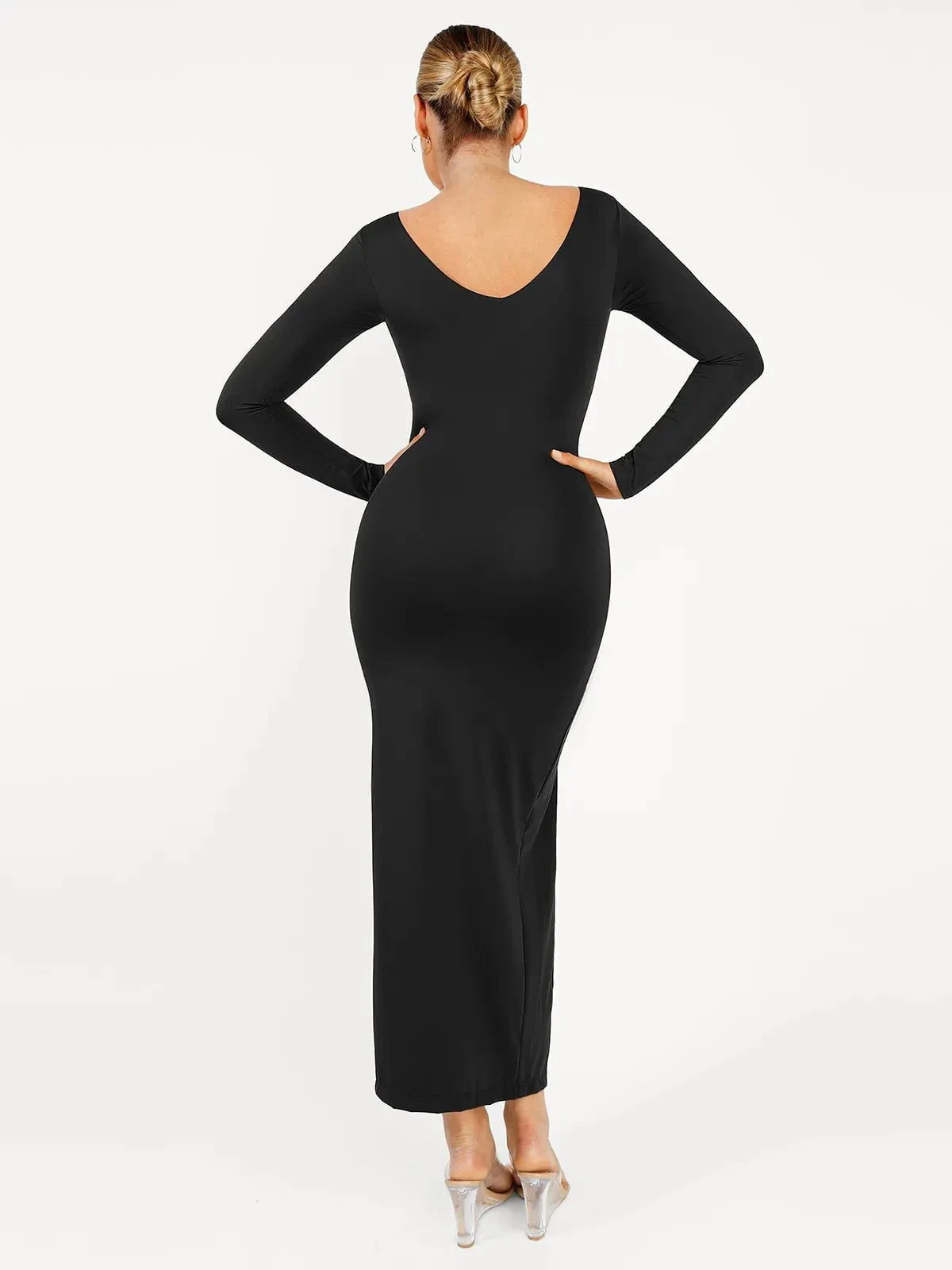 Shapewear Long Sleeve V-Neck Low Back Slimming Maxi Dress - Image 6