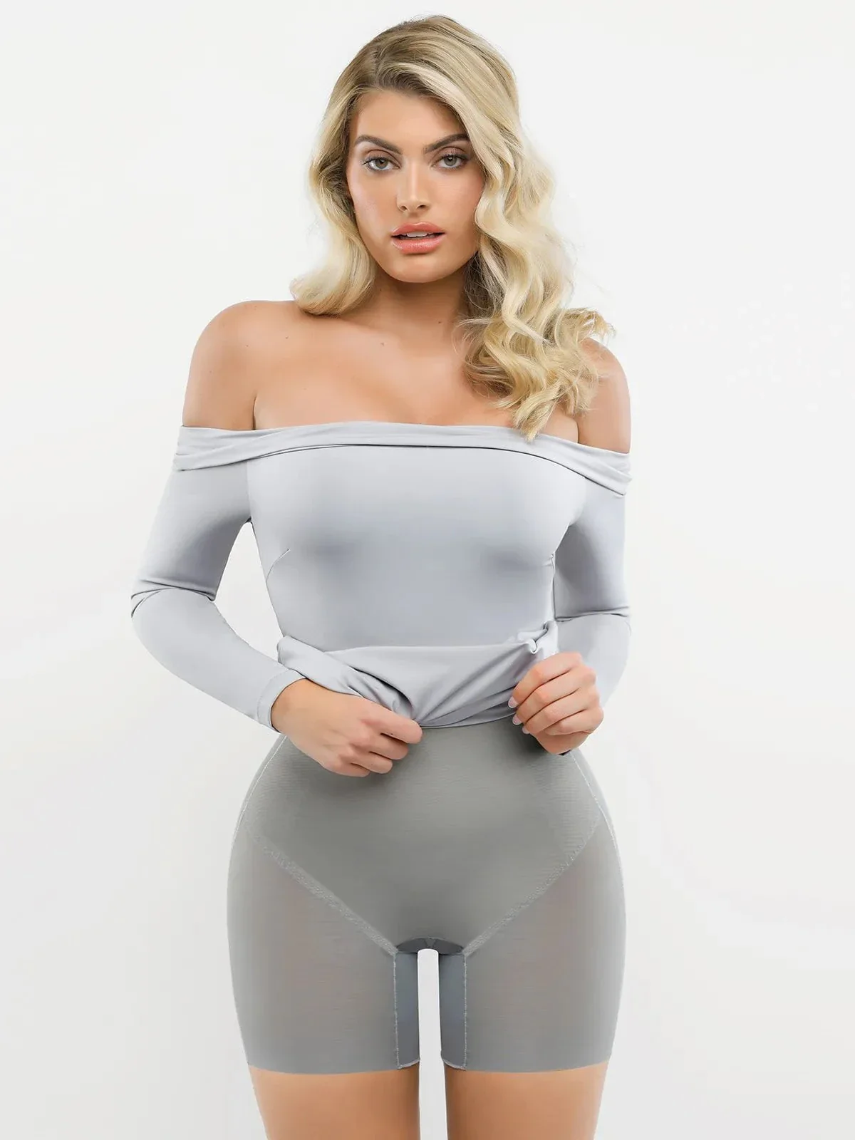 Shapewear Long Sleeve Off-the-Shoulder Bodycon Mini Dress - Image 11