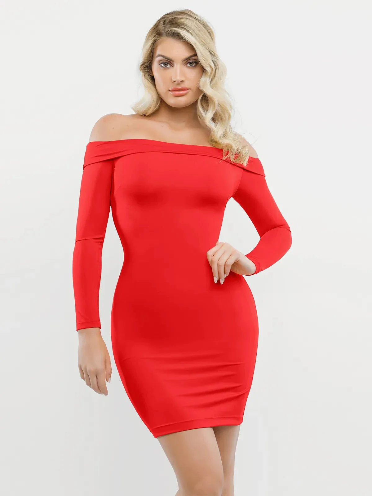 Shapewear Long Sleeve Off-the-Shoulder Bodycon Mini Dress - Image 20