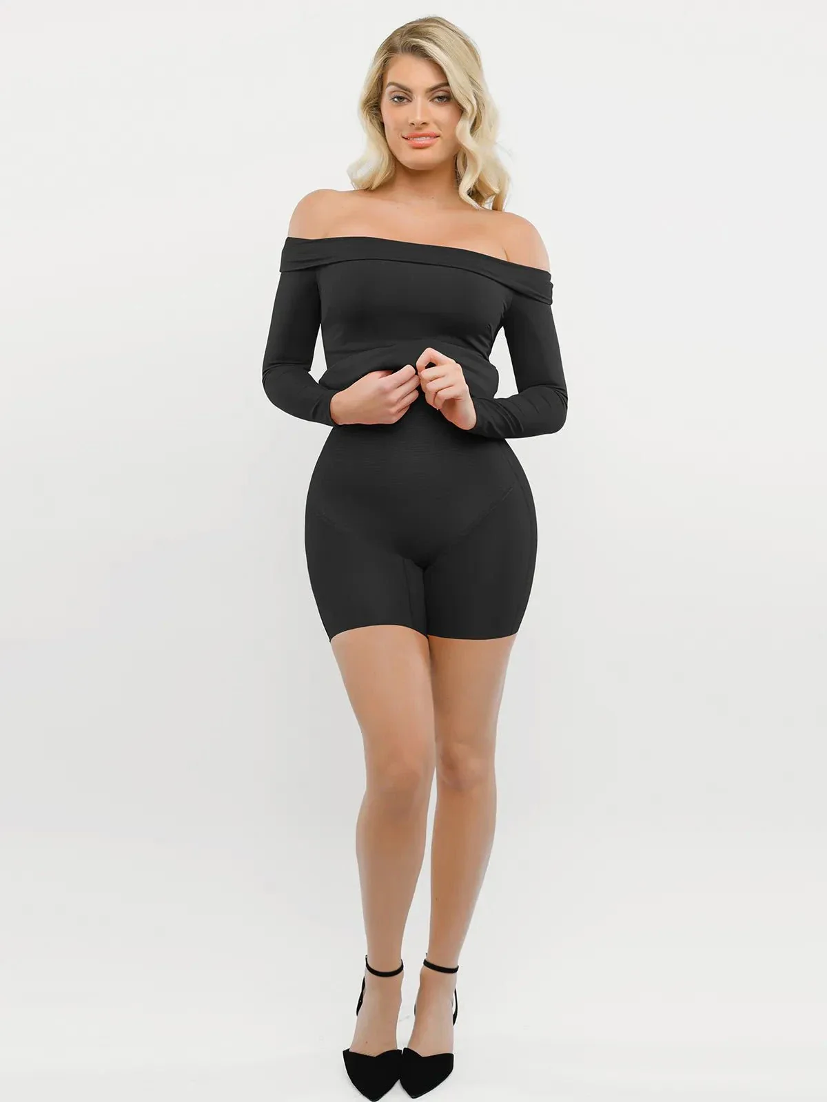 Shapewear Long Sleeve Off-the-Shoulder Bodycon Mini Dress - Image 5