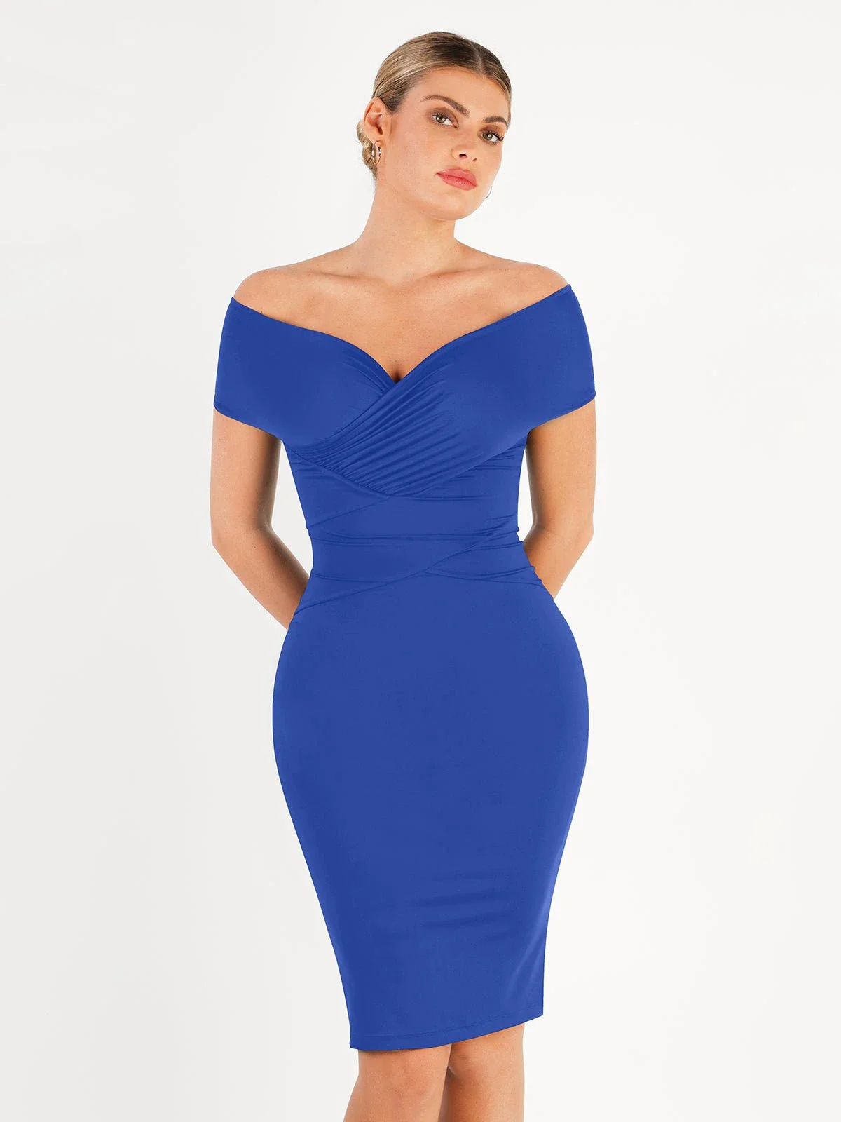 Shapewear Ruched Off-Shoulder Sculpting Midi Dress - Image 19