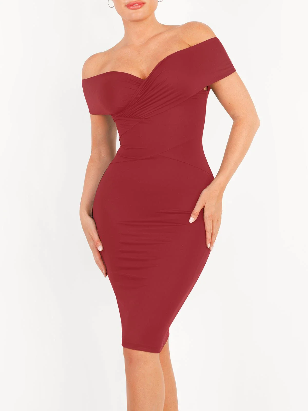 Shapewear Ruched Off-Shoulder Sculpting Midi Dress - Image 5