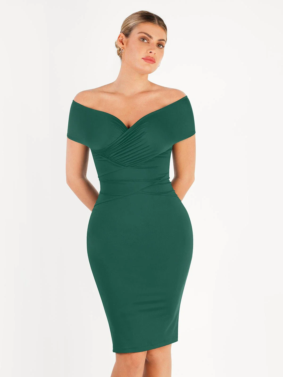 Shapewear Ruched Off-Shoulder Sculpting Midi Dress - Image 8