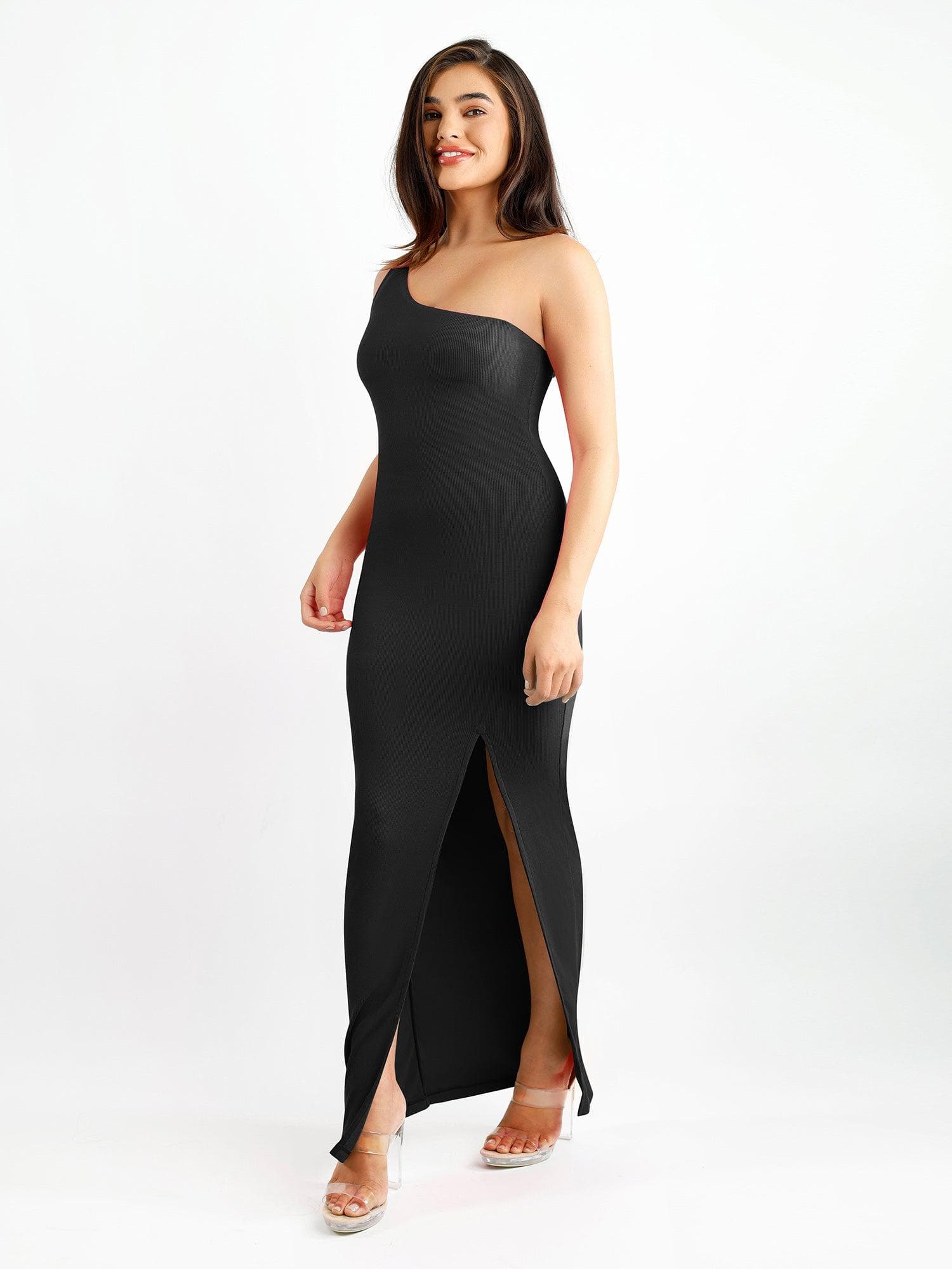 Shapewear Modal One Shoulder Front Slit Slimming Maxi Dress - Image 14