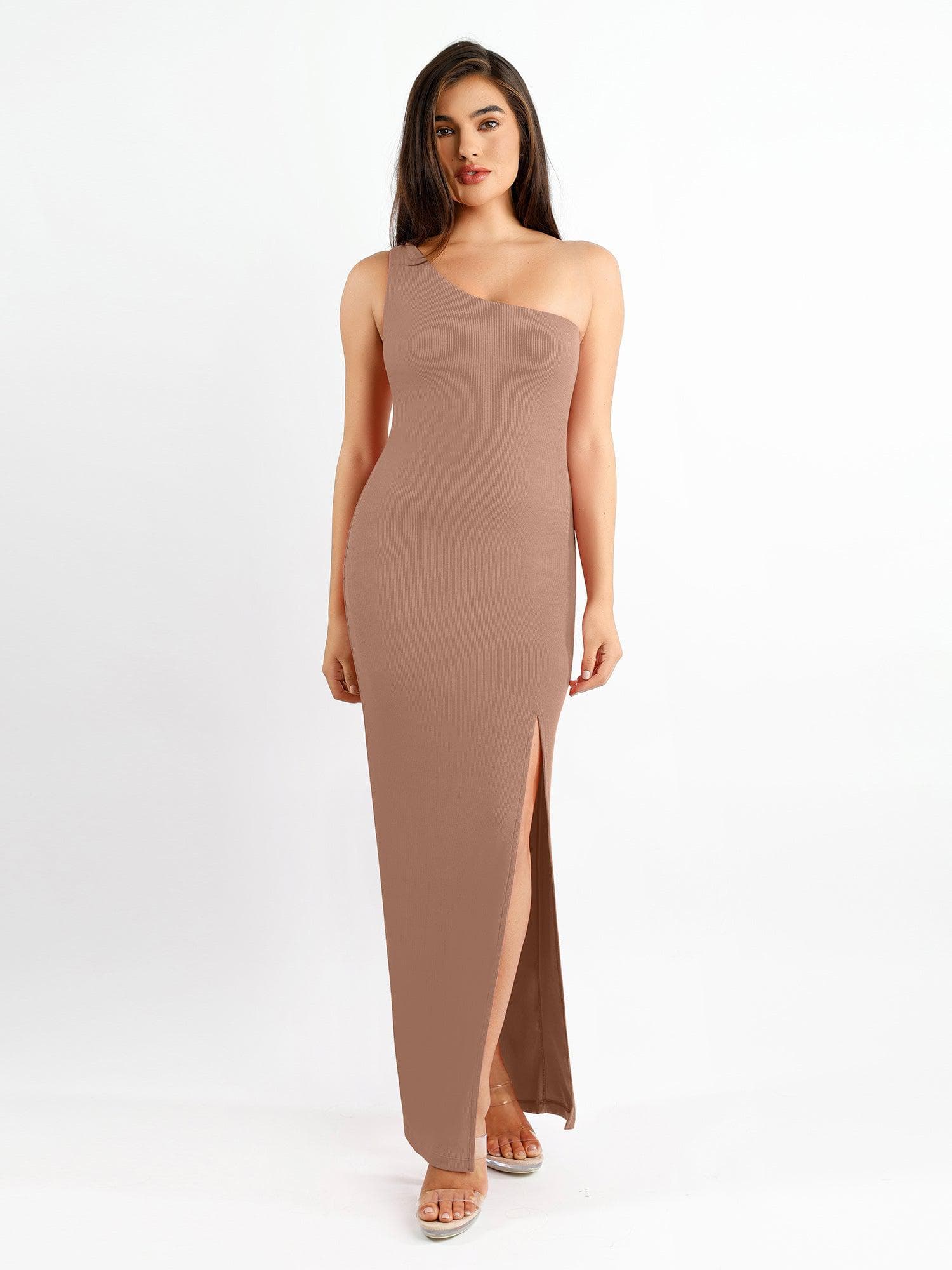 Shapewear Modal One Shoulder Front Slit Slimming Maxi Dress - Image 16