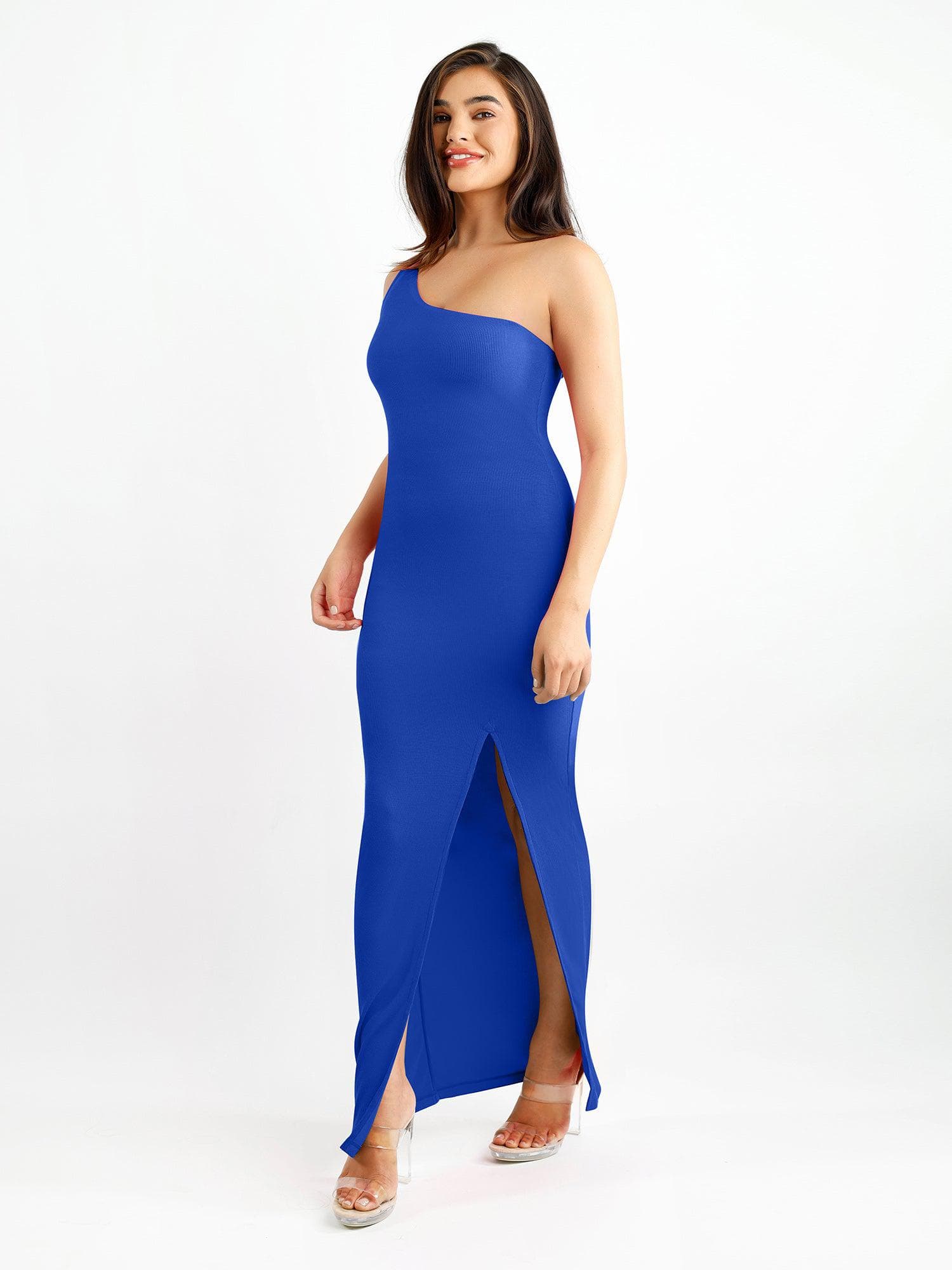 Shapewear Modal One Shoulder Front Slit Slimming Maxi Dress - Image 30