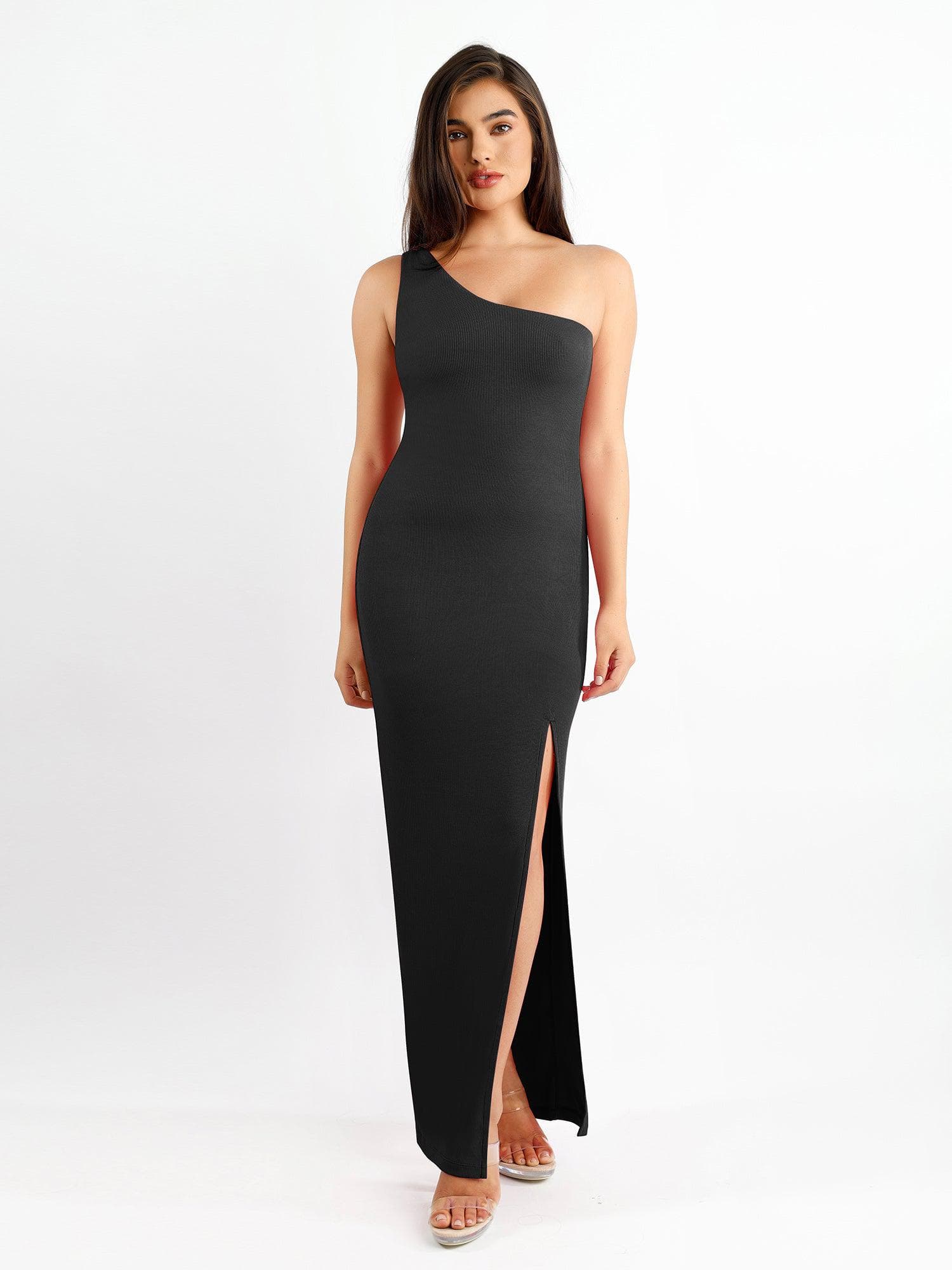 Shapewear Modal One Shoulder Front Slit Slimming Maxi Dress - Image 9