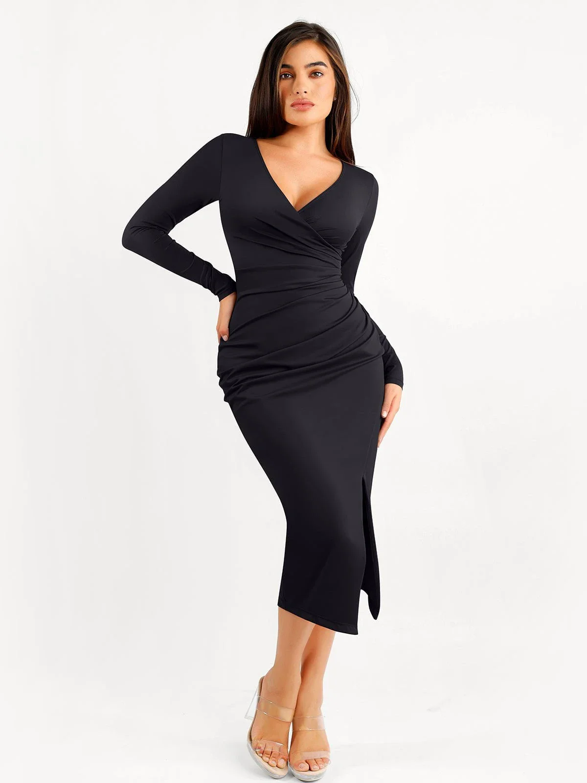 Shapewear Ruched Long Sleeve Faux Wrap Slimming Midi Dress - Image 2