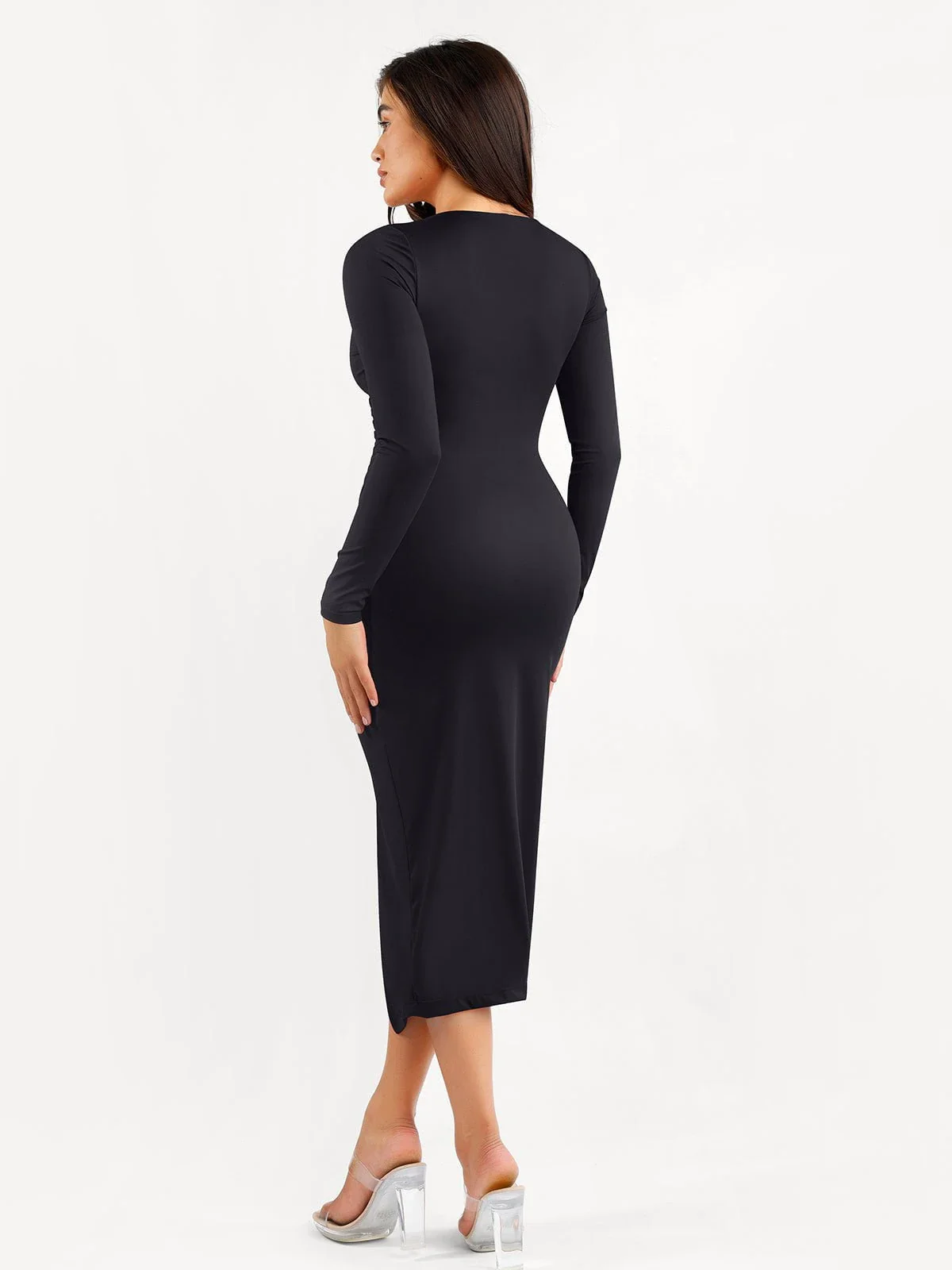 Shapewear Ruched Long Sleeve Faux Wrap Slimming Midi Dress - Image 4