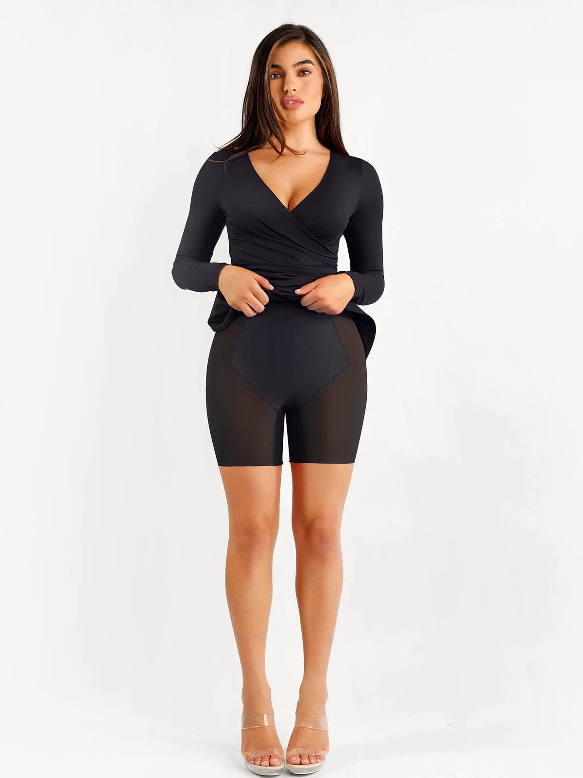 Shapewear Ruched Long Sleeve Faux Wrap Slimming Midi Dress - Image 5