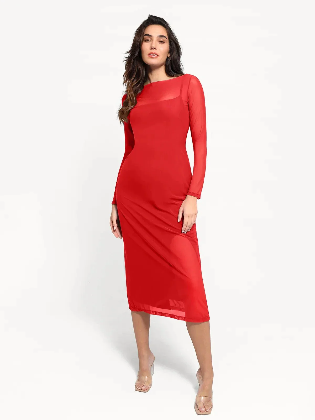 Shapewear Slimming Midi Dress and Sheer Mesh Overlay Set - Image 11