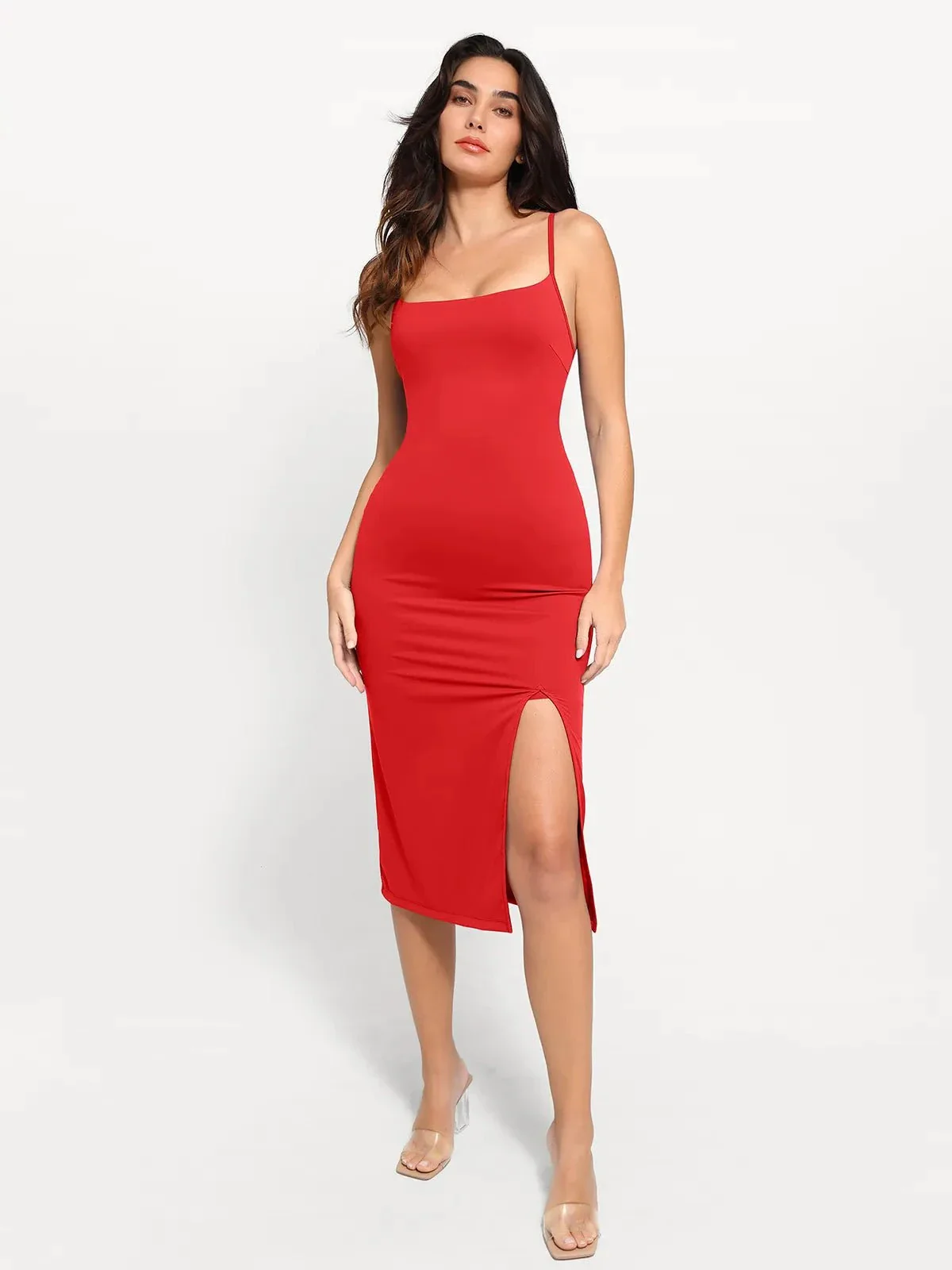 Shapewear Slimming Midi Dress and Sheer Mesh Overlay Set - Image 12