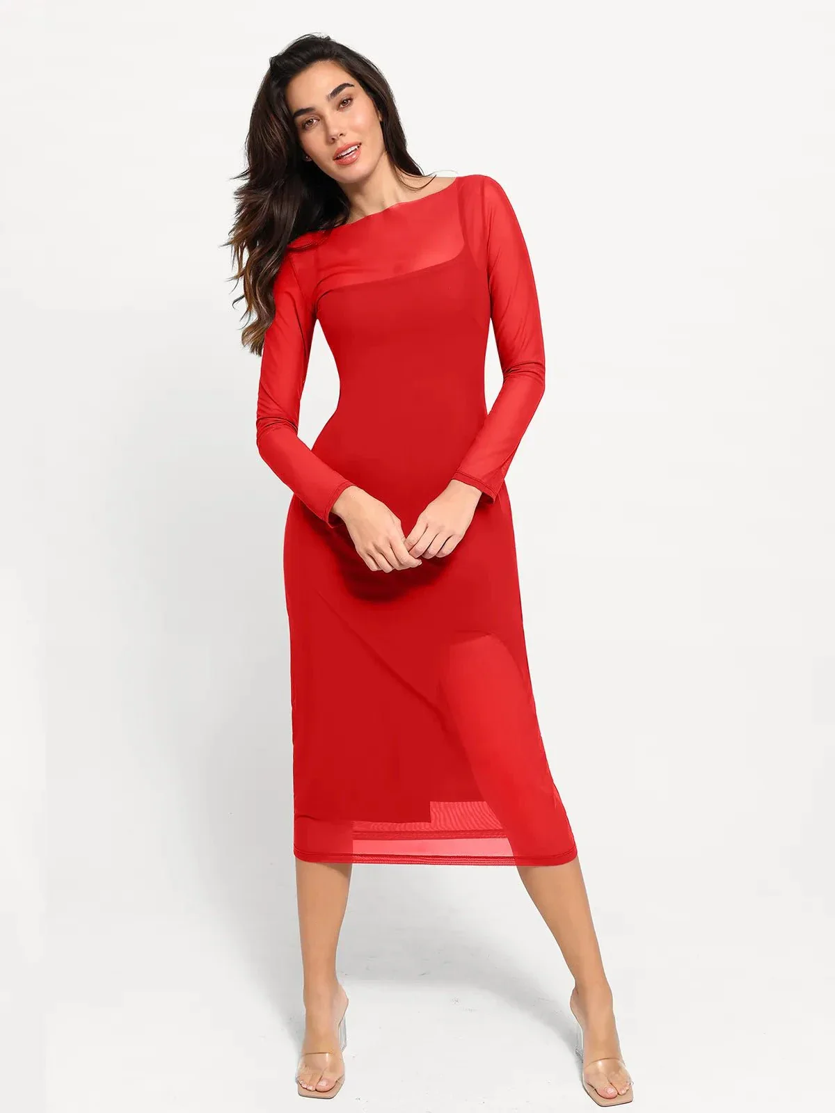 Shapewear Slimming Midi Dress and Sheer Mesh Overlay Set - Image 17