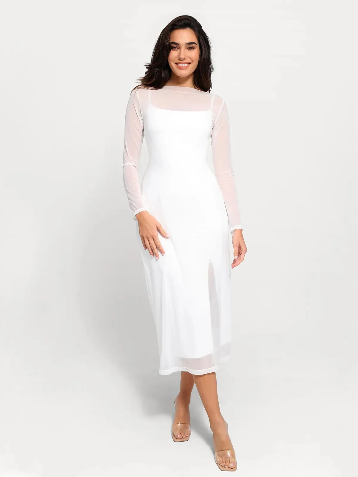 Shapewear Slimming Midi Dress and Sheer Mesh Overlay Set - Image 28