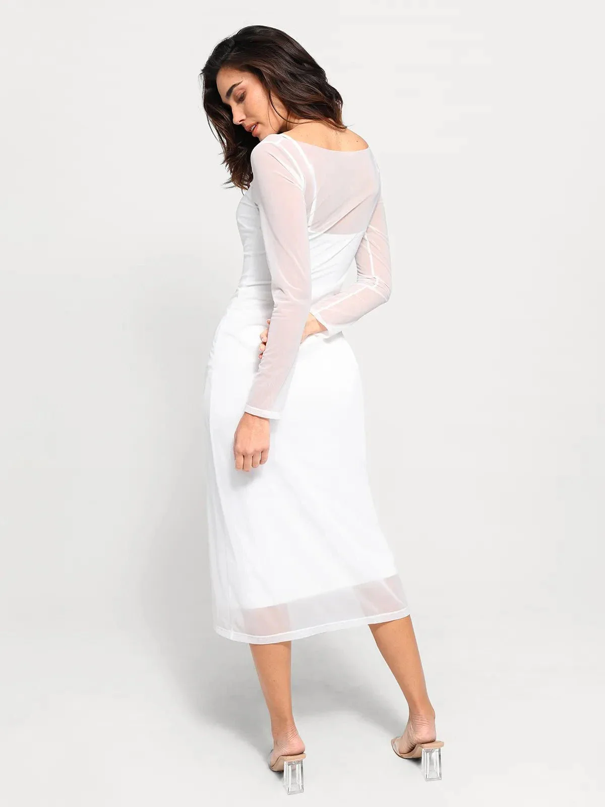Shapewear Slimming Midi Dress and Sheer Mesh Overlay Set - Image 32