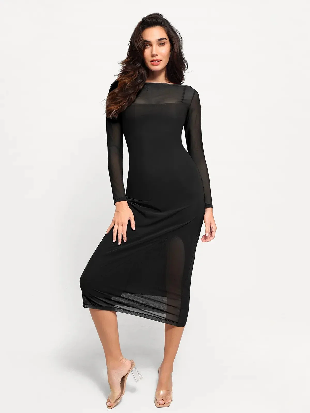 Shapewear Slimming Midi Dress and Sheer Mesh Overlay Set - Image 7