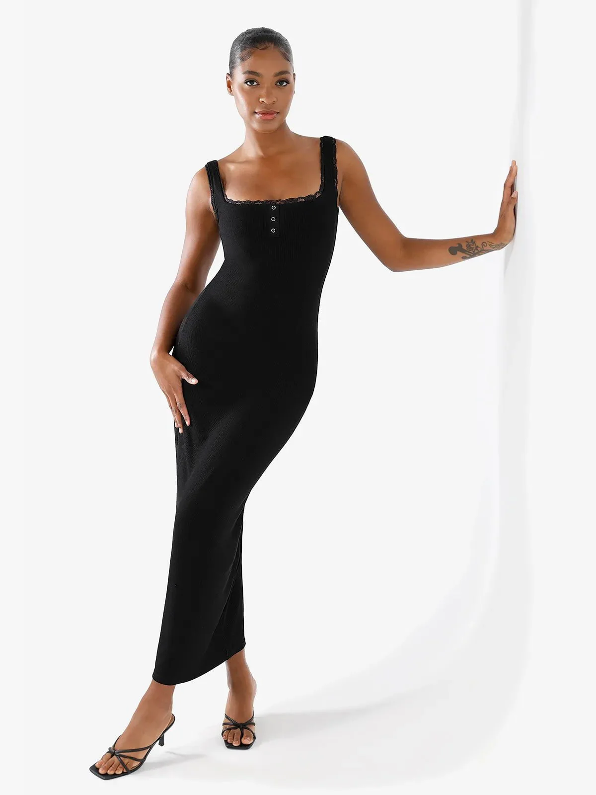 Contouring Shapewear Square Neck Modal Henley Maxi Dress - Image 14