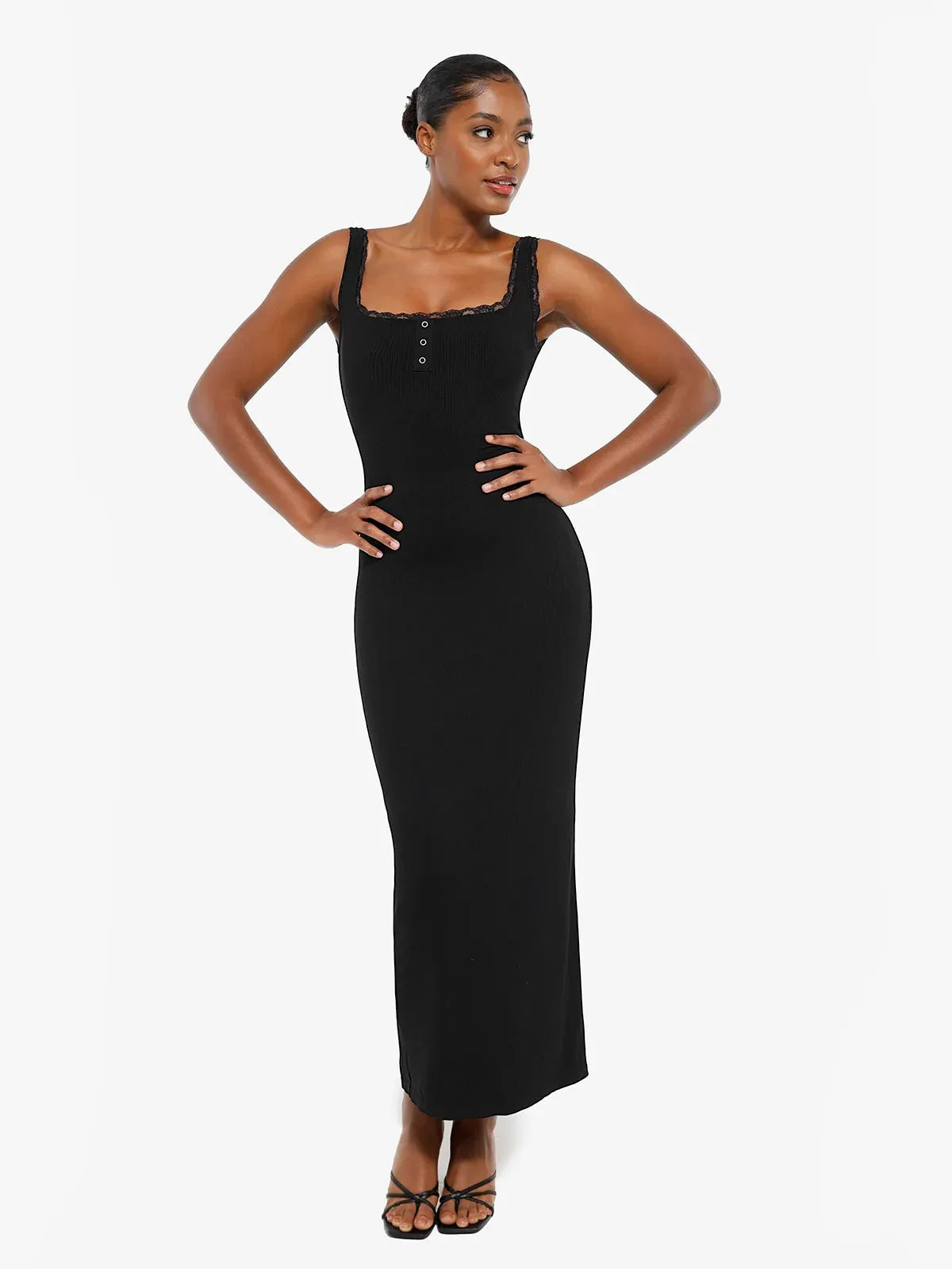 Contouring Shapewear Square Neck Modal Henley Maxi Dress - Image 15