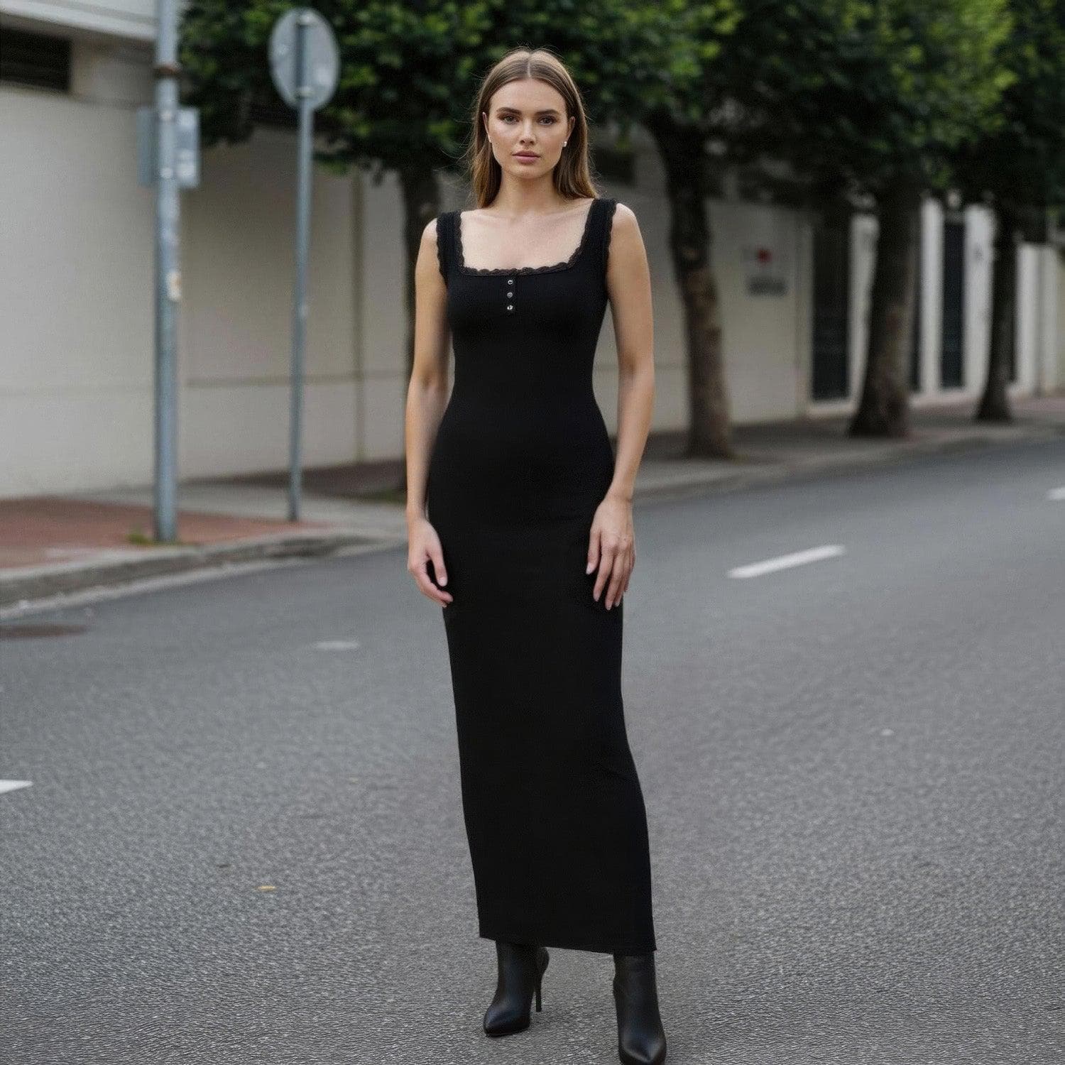Contouring Shapewear Square Neck Modal Henley Maxi Dress - Image 9