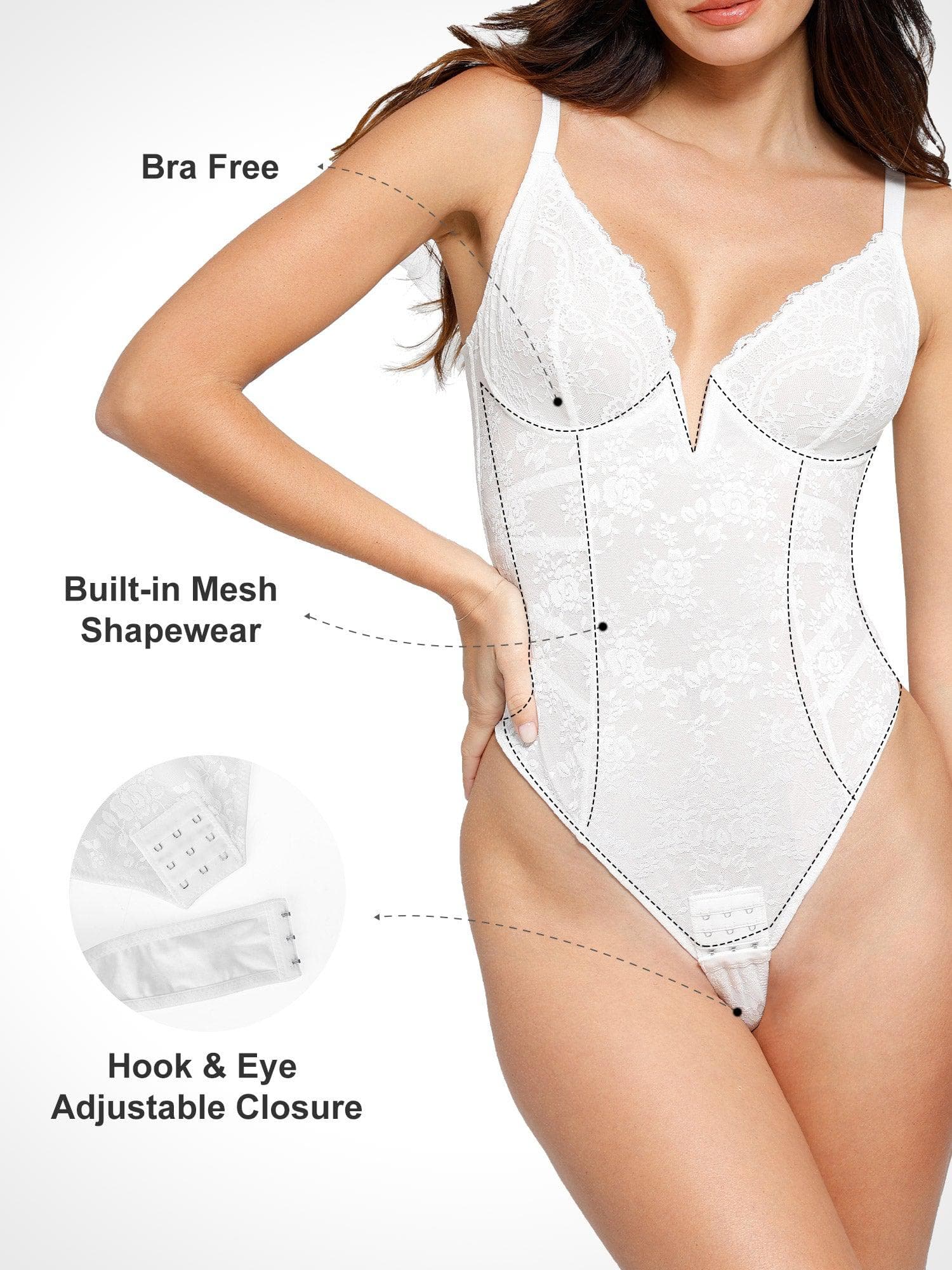 Shapewear Lace Deep V-Neck Low Back Hourglass Thong Bodysuit - Image 7