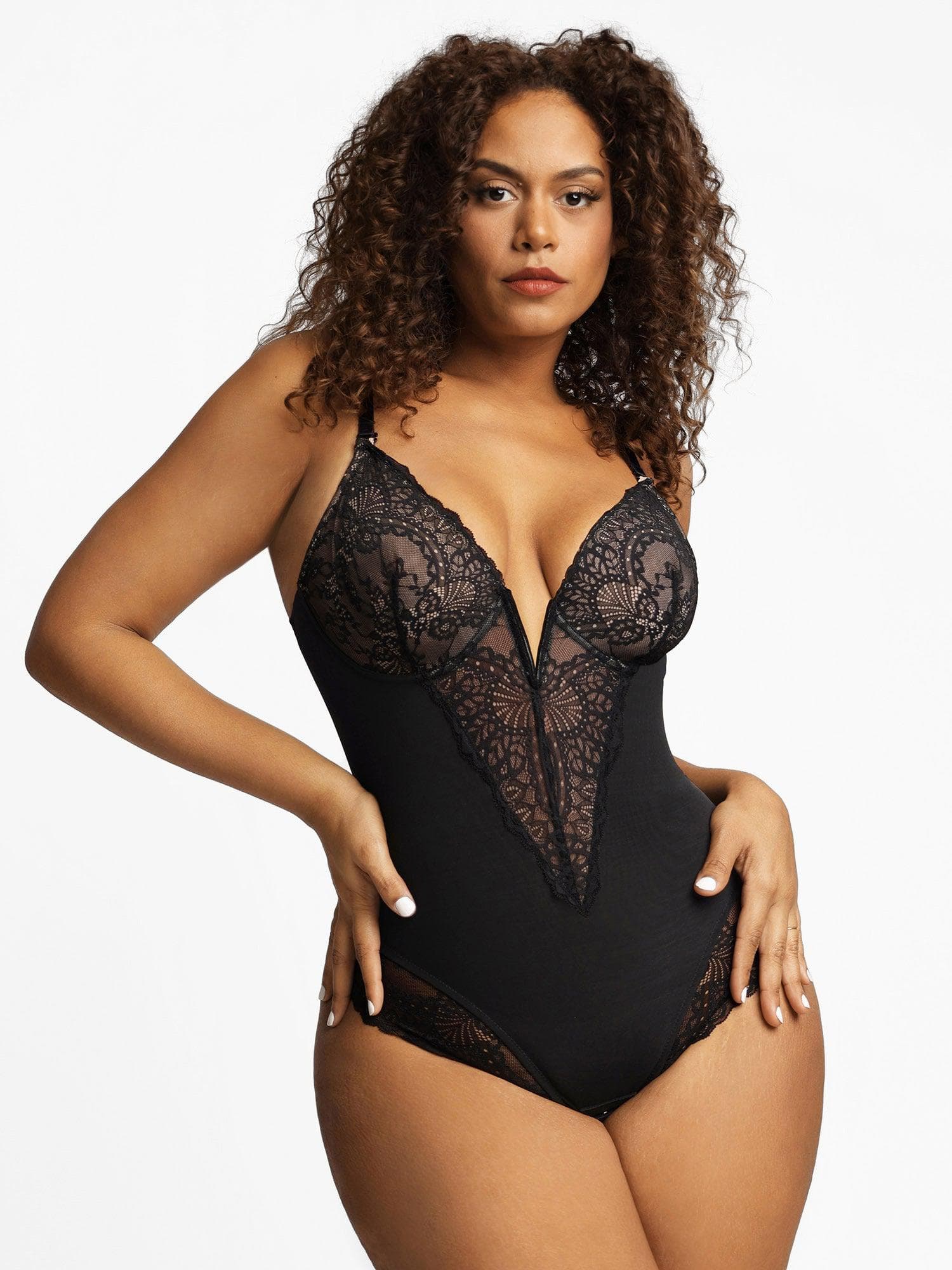 Deep-V Neck Lace Shapewear Bodysuit Leather Midi Skirt Set - Image 4