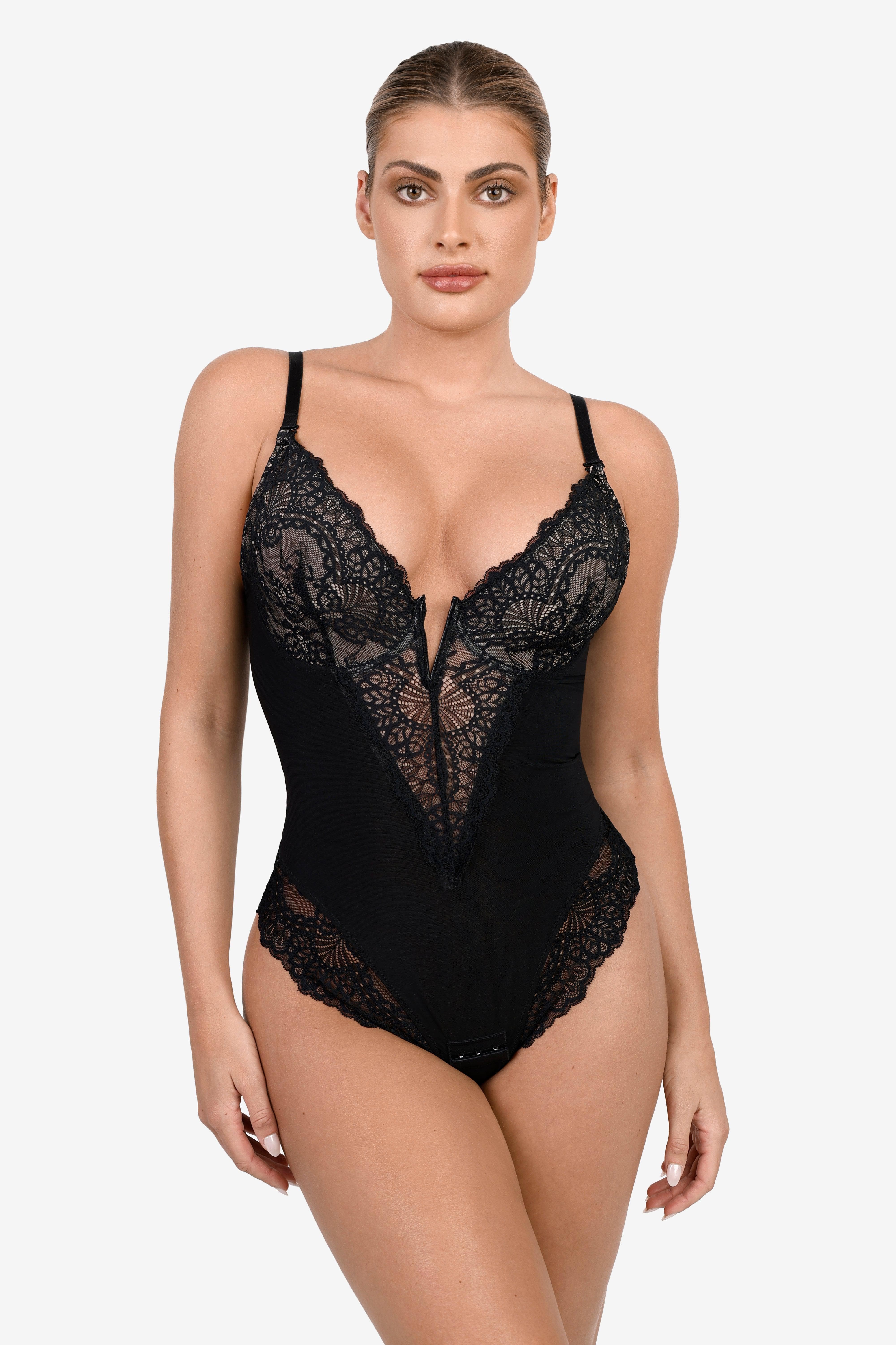 Deep-V Neck Lace Shapewear Bodysuit Leather Midi Skirt Set - Image 6