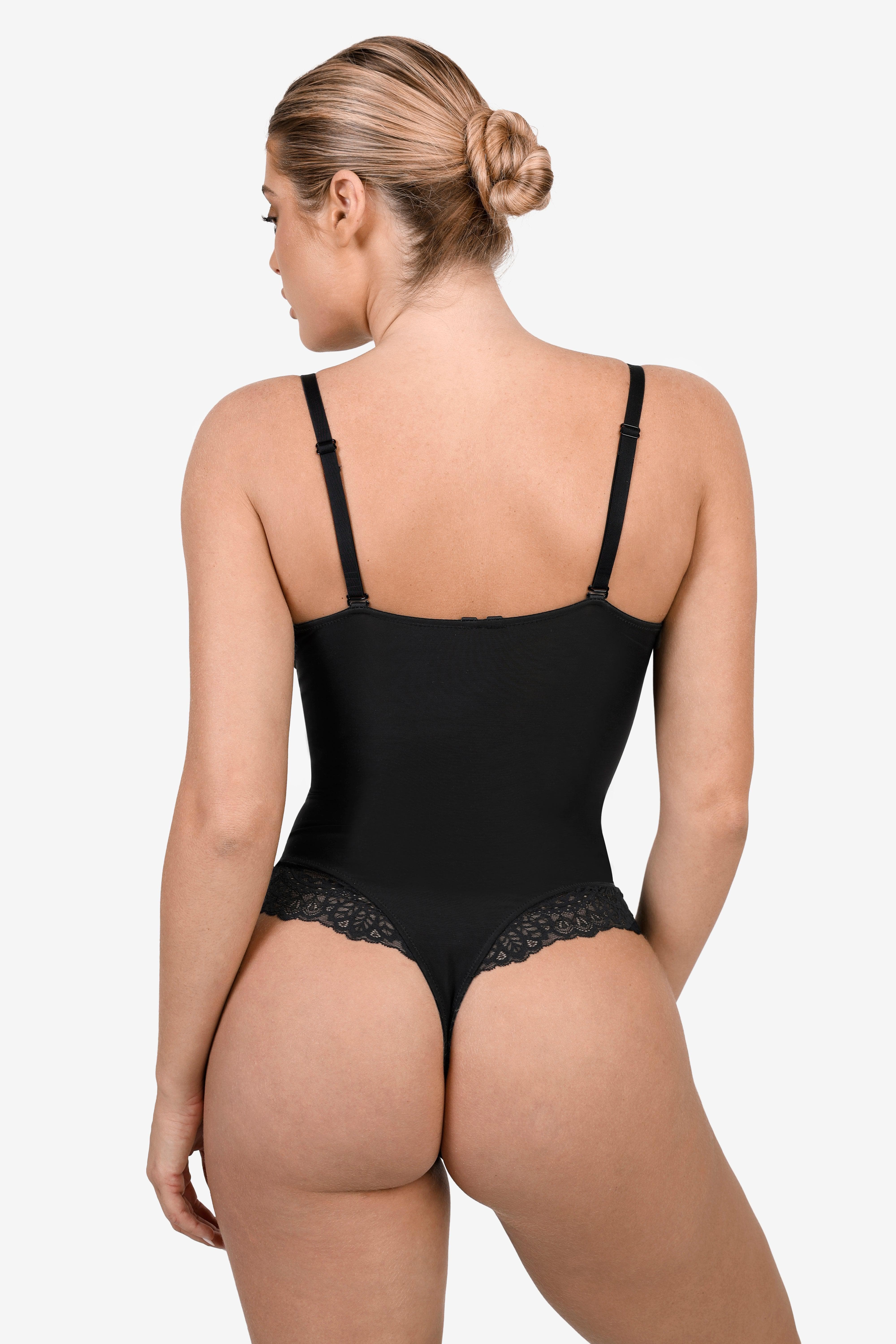 Deep-V Neck Lace Shapewear Bodysuit Leather Midi Skirt Set - Image 8