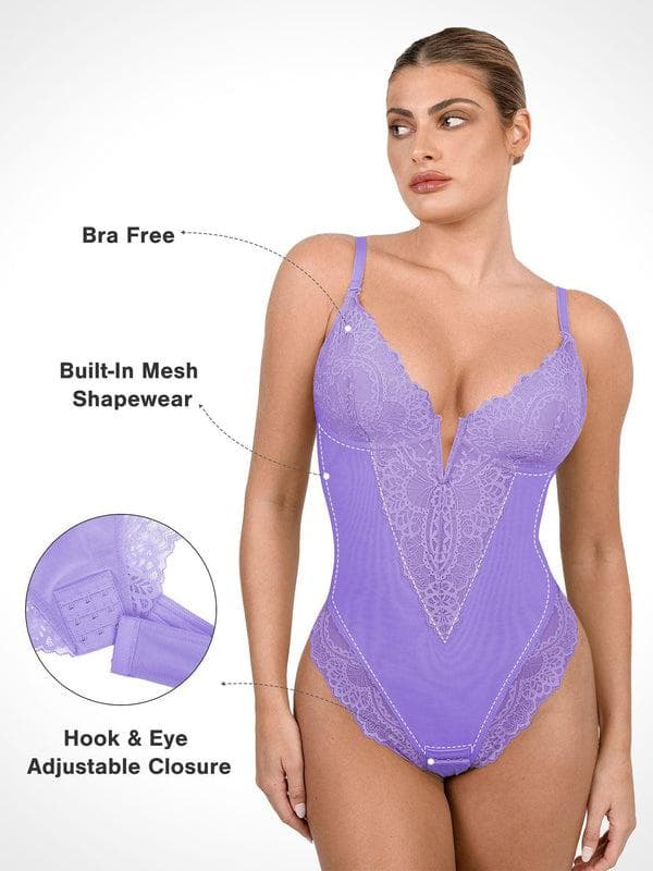 Shapewear Lace Deep V-Neck Sculpting Thong Bodysuit - Image 11