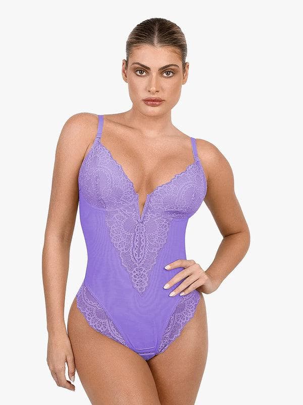 Shapewear Lace Deep V-Neck Sculpting Thong Bodysuit - Image 12